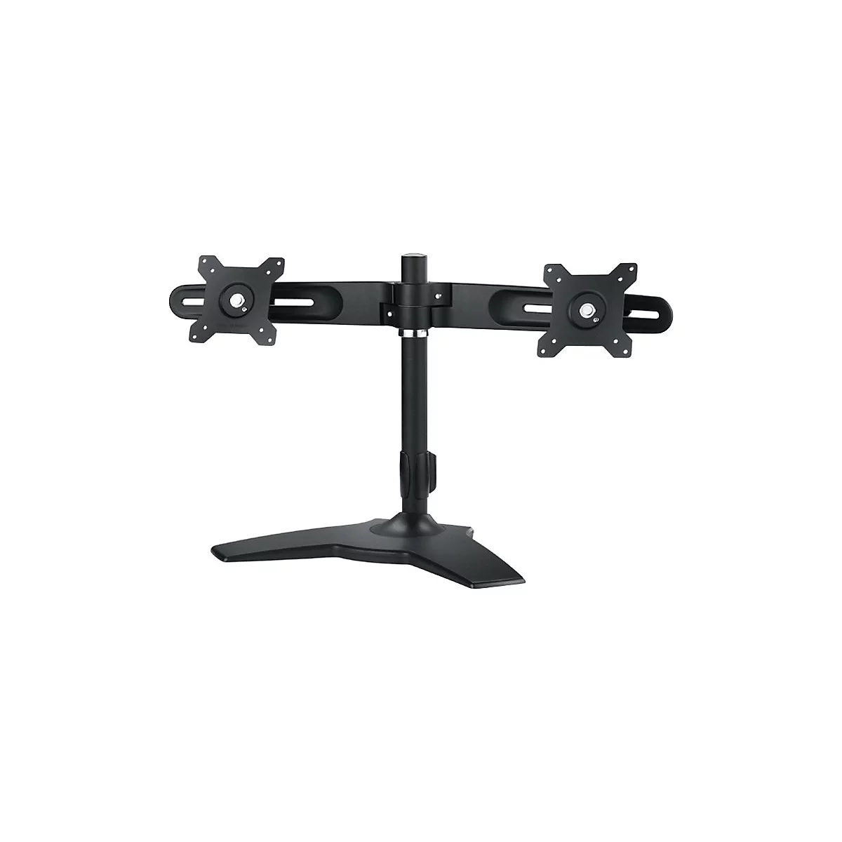 Support pour double moniteur noir avec base de table. Deux moniteurs peuvent y être fixés. Avant avec dispositif à vis.