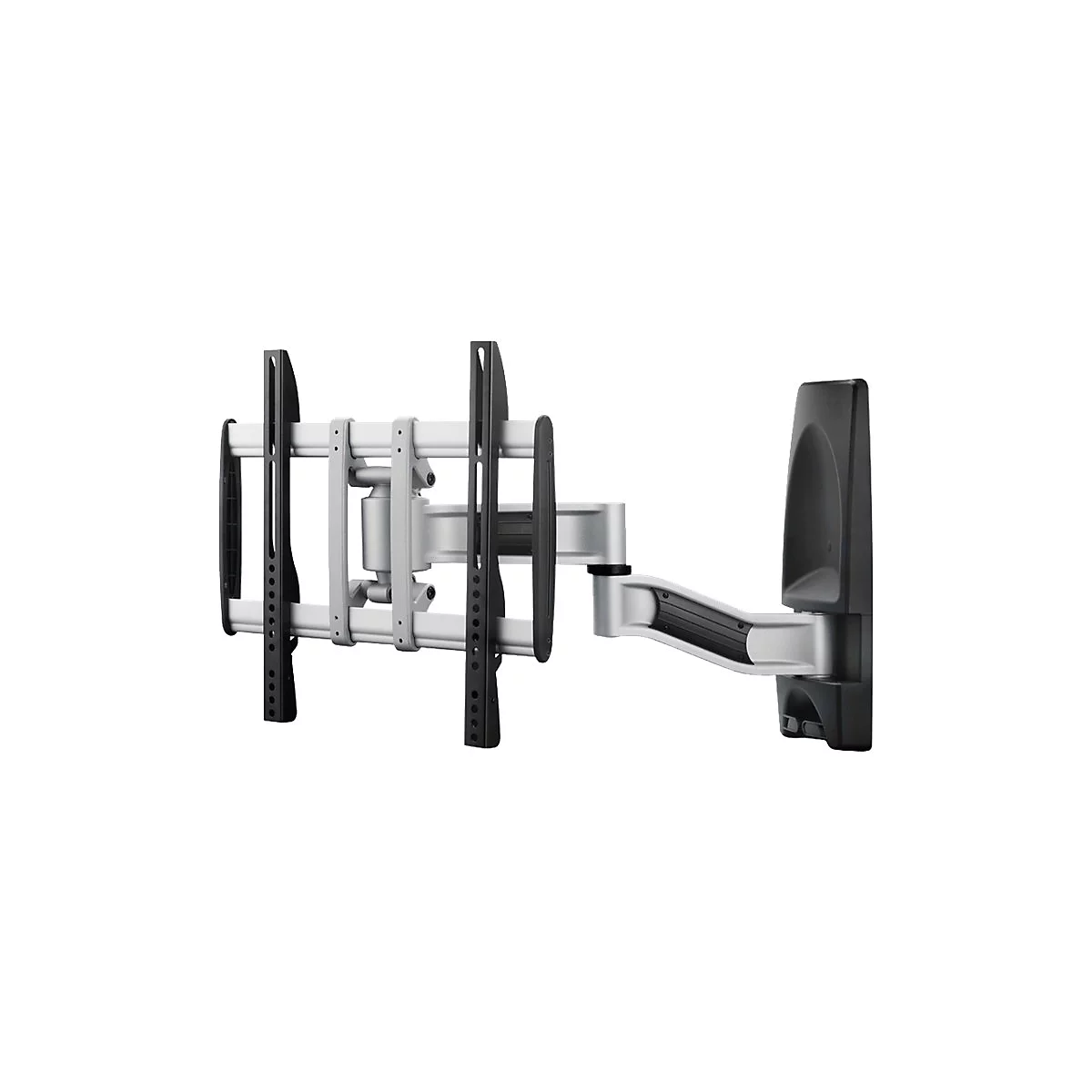 Wandhalterung für Fernseher, schwarz und silberfarben. Mit Gelenkarm und mehreren Schrauböffnungen.