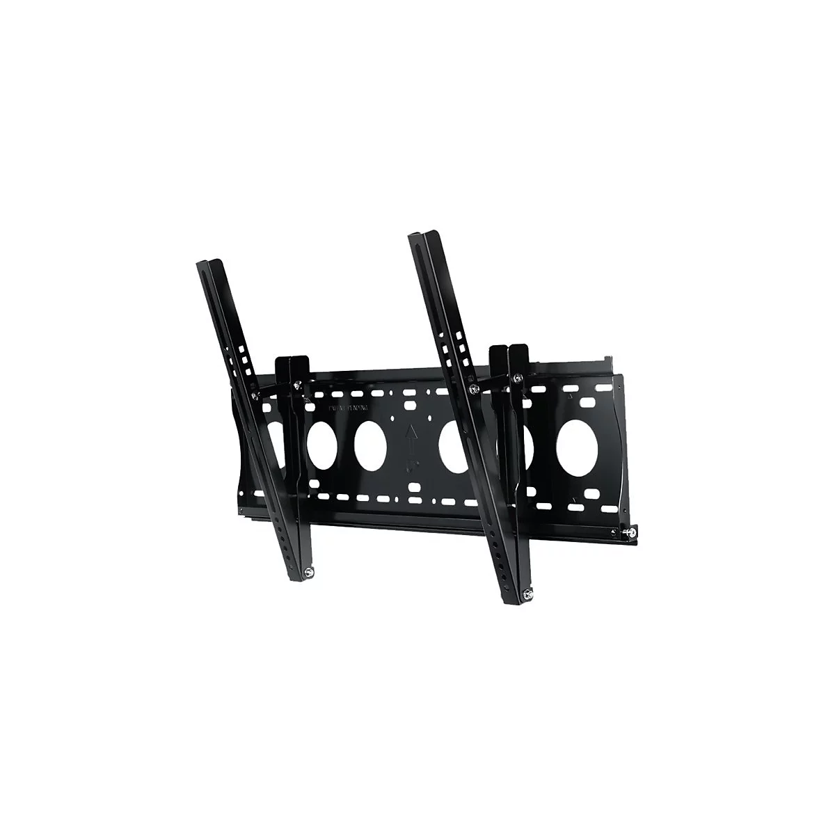 Schwarze TV-Wandhalterung, Metall, mit mehreren Löchern und Schrauben. "Patent Pending" ist sichtbar.