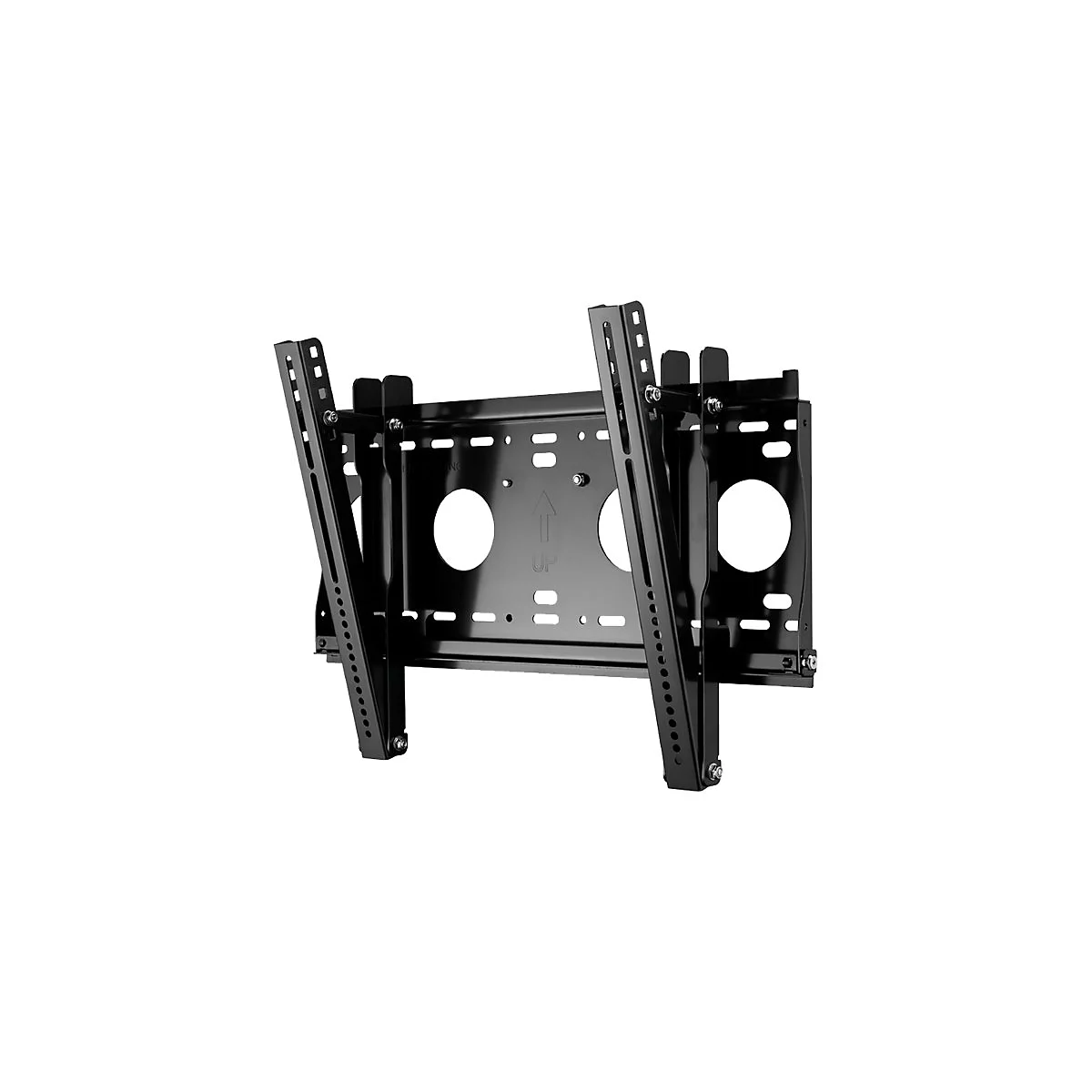 Schwarze TV-Wandhalterung, Metallkonstruktion. Zwei runde Löcher, Pfeil nach oben. Befestigungsschienen mit Löchern.