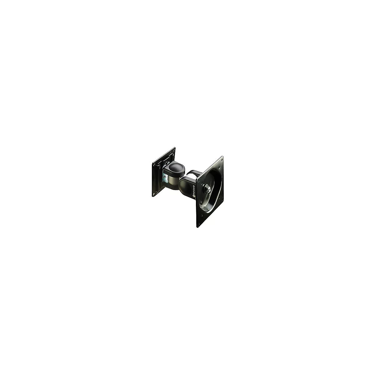 Schwarze Monitorhalterung, eckig, mit drehbarem Gelenk. Herstellerlogo "neovo".