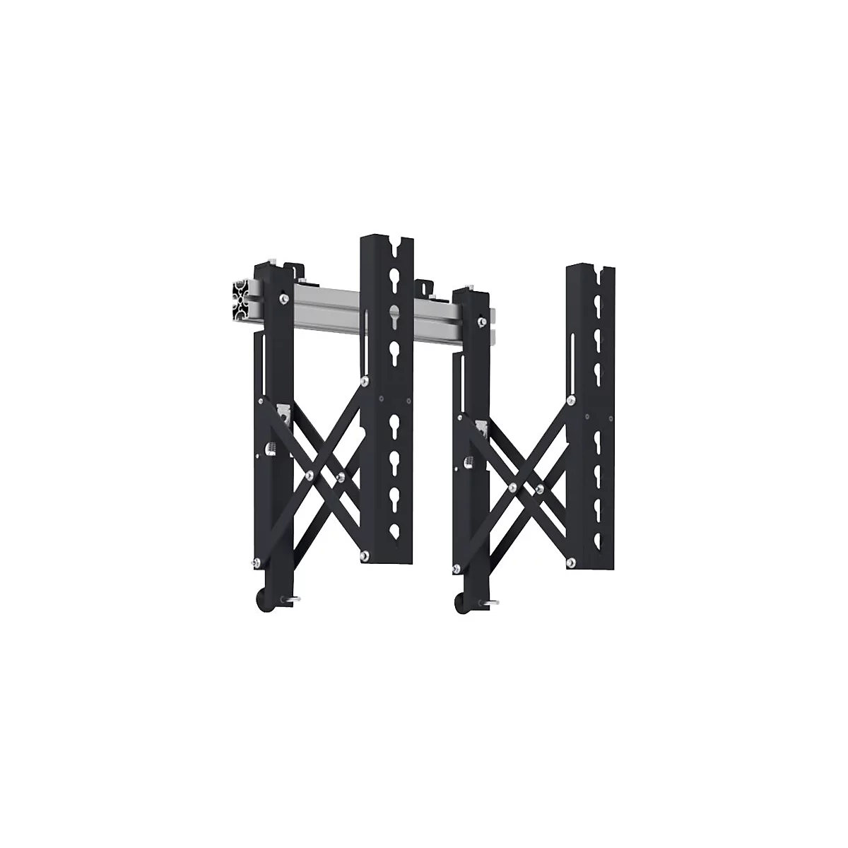 Schwarze, metallische Wandhalterung für einen Monitor, bestehend aus zwei Säulen und einem Querbalken. Auf hellem Hintergrund.