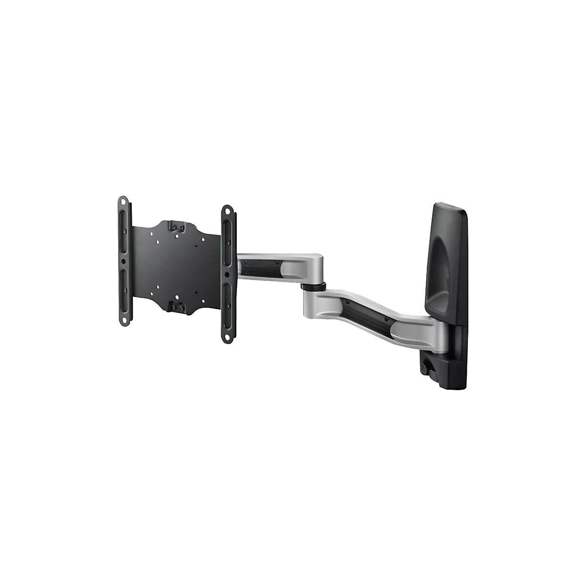 Support TV pivotant, argent et noir, sur fond blanc.