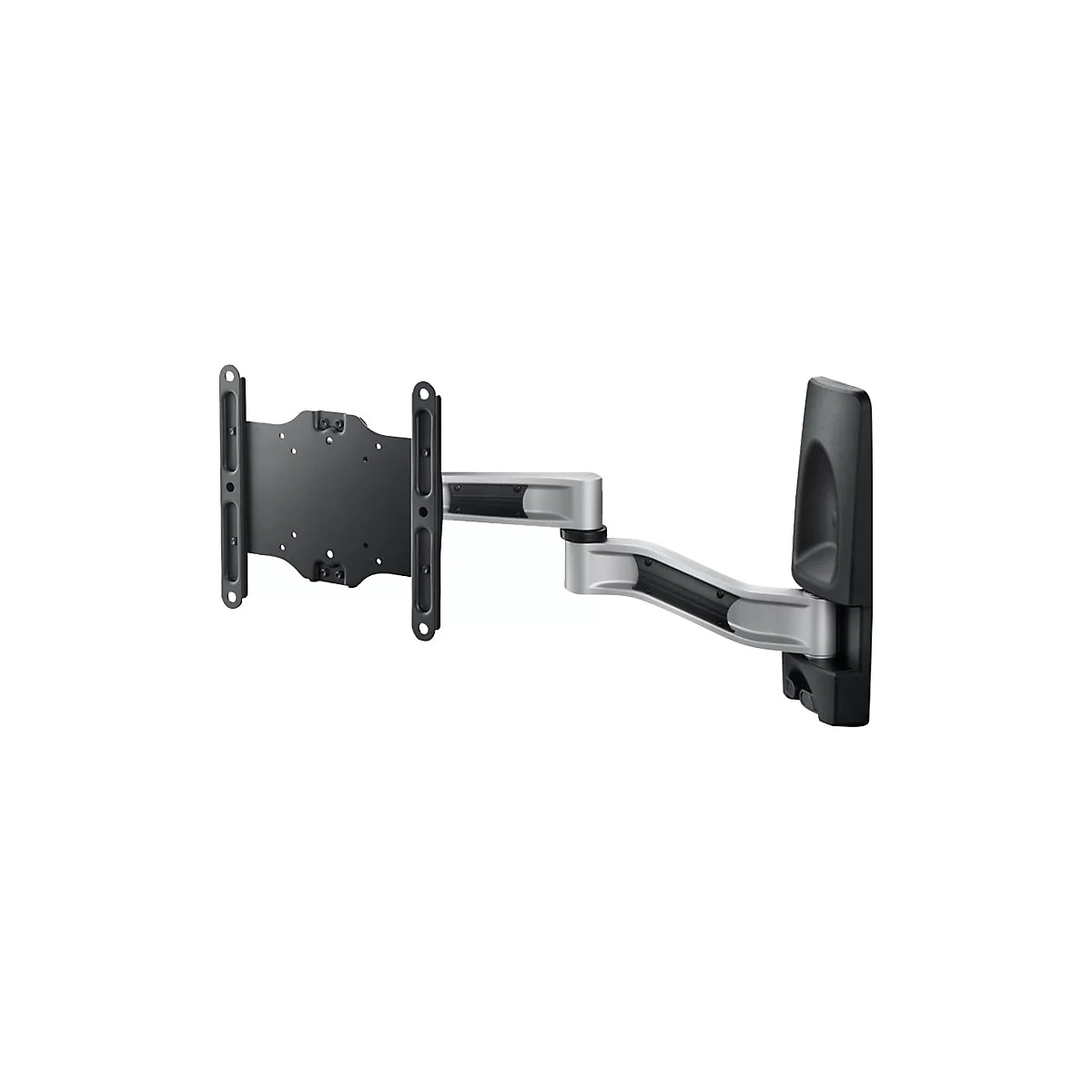 Support TV pivotant, argent et noir, sur fond blanc.