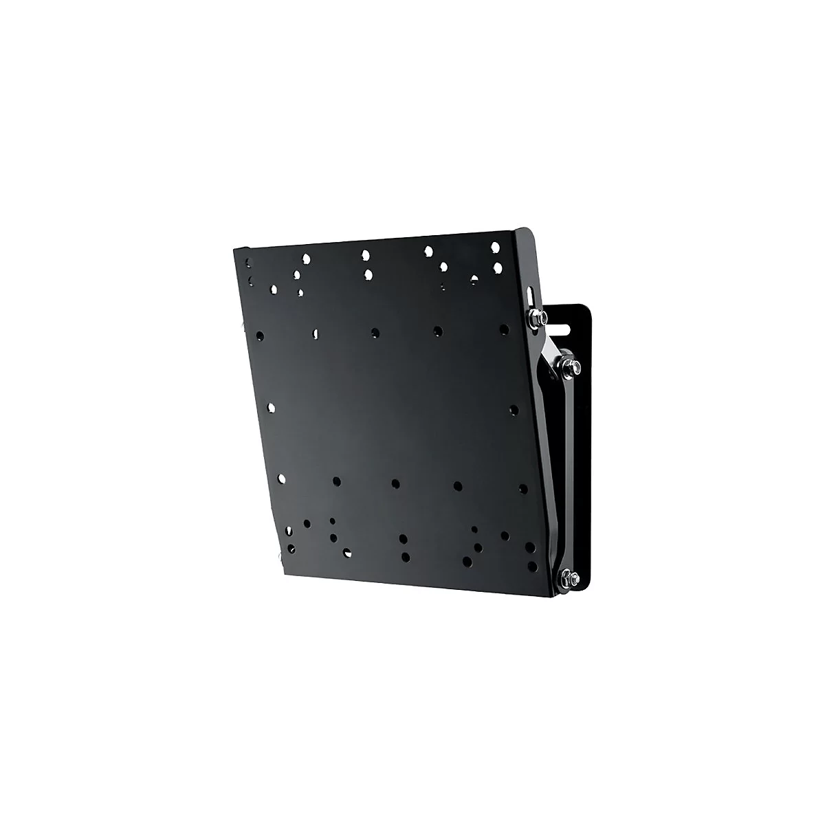 Support mural TV noir, incliné sur la gauche, avec trous et charnières.