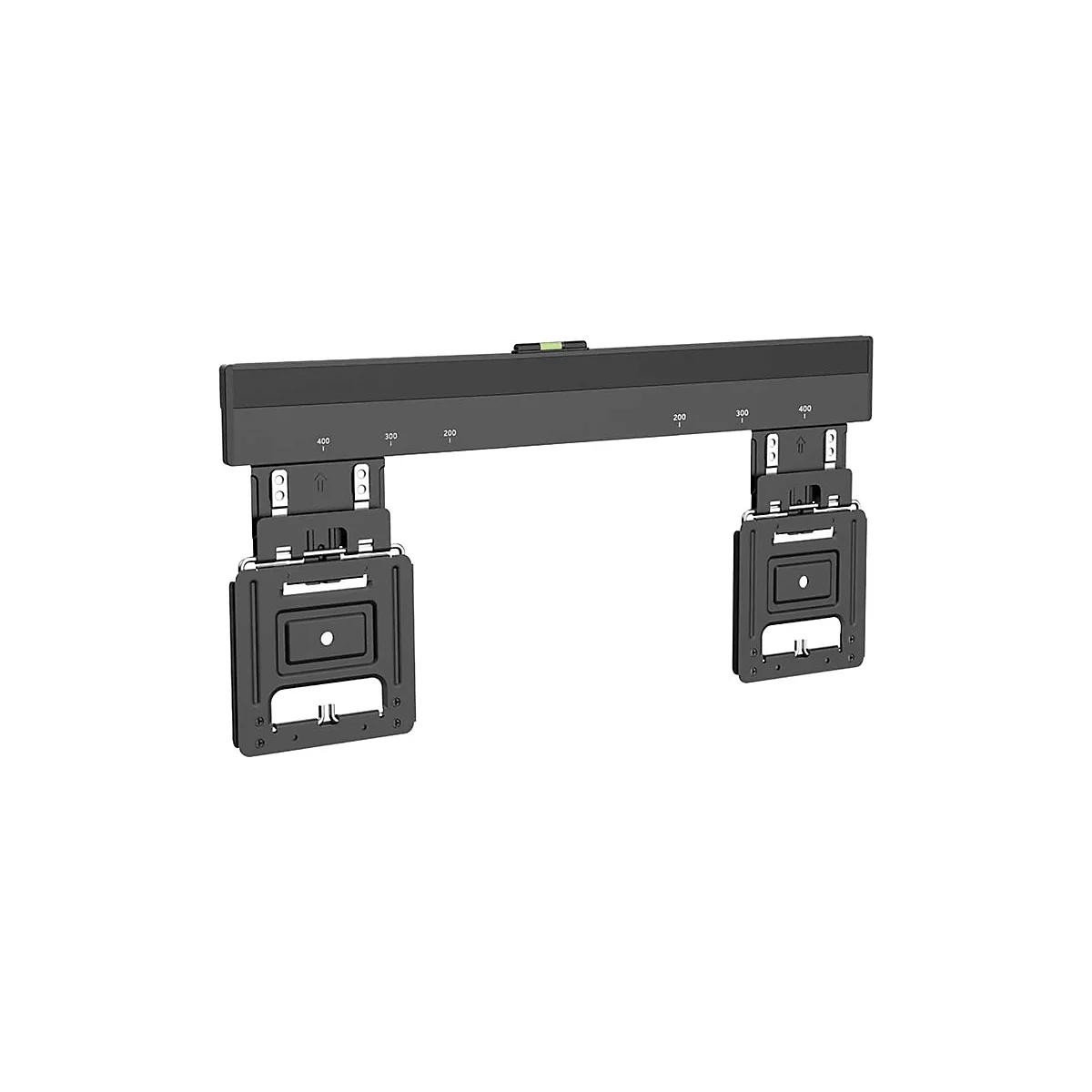 Schwarze TV-Wandhalterung, mit Wasserwaage und Abmessungen 200/300/400 mm.
