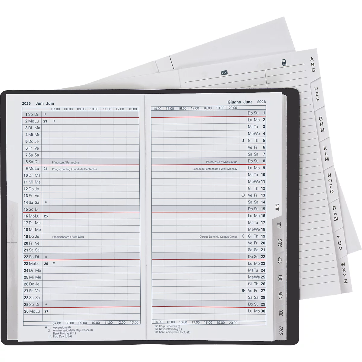 Calendrier noir ouvert, page de juin, onglets à côté. Pages blanches avec aperçu hebdomadaire et quotidien. Lignes rouges et police noire.