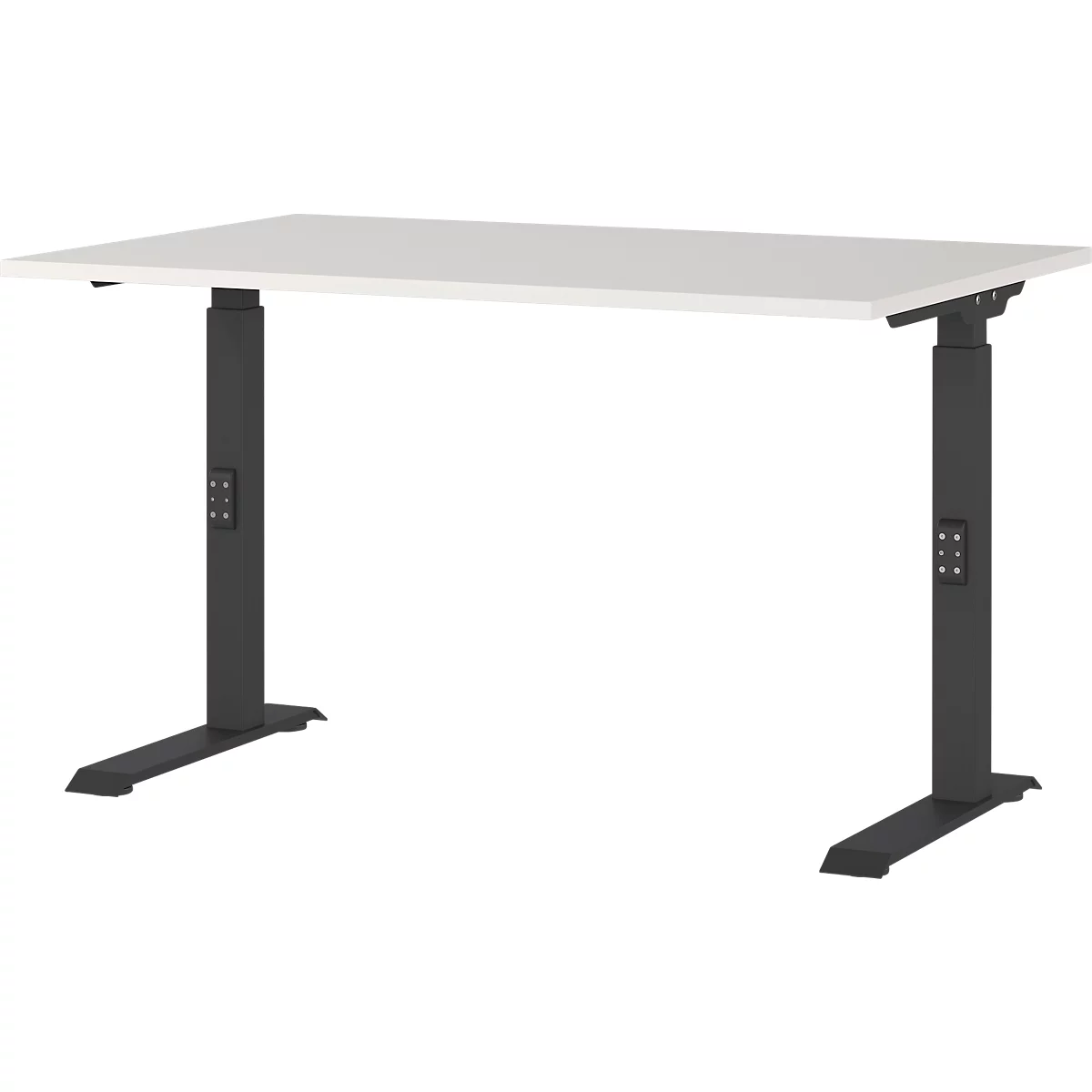 In hoogte verstelbaar bureau. Witte tafelblad, grijze poten, bedieningspaneel.