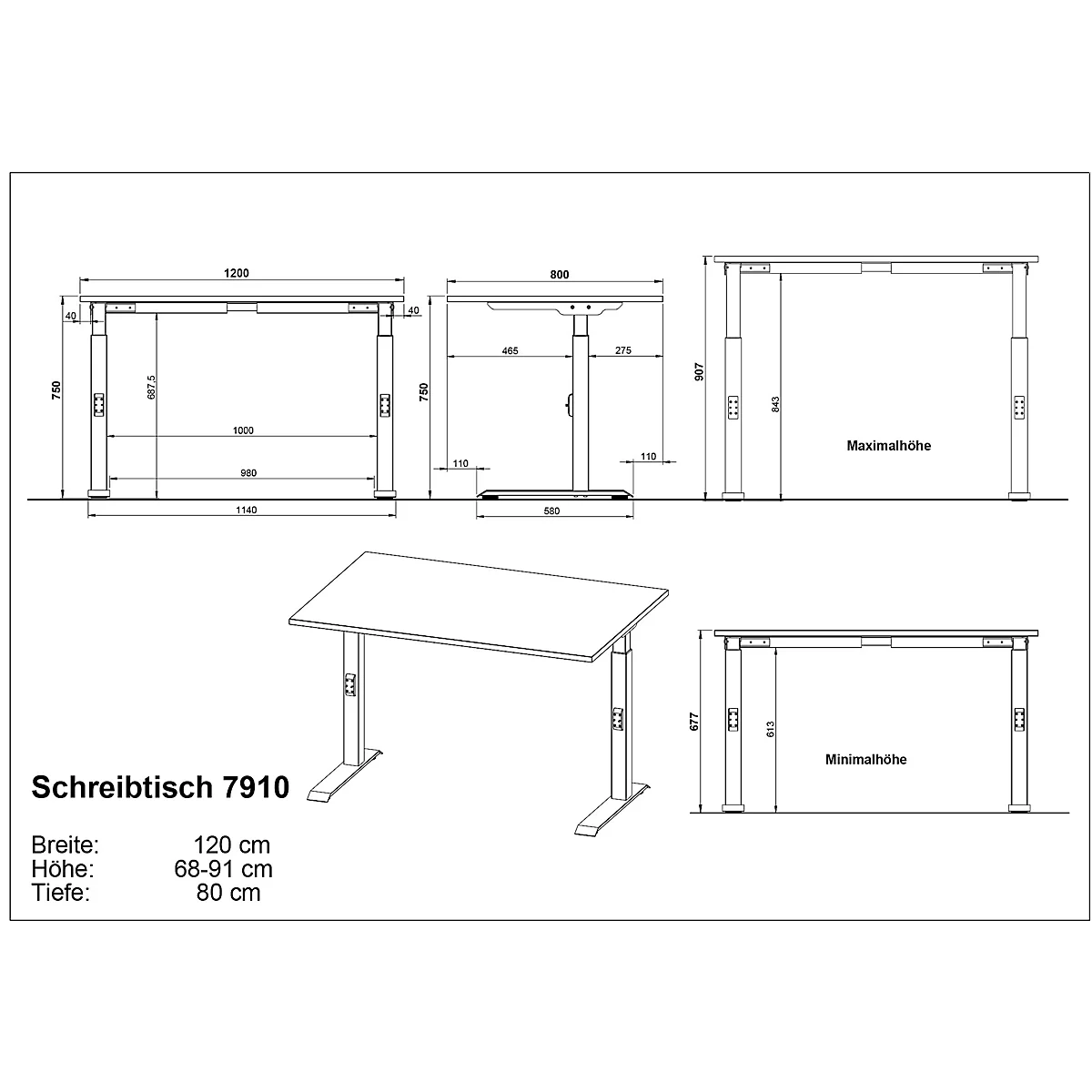 Technische tekening van een in hoogte verstelbaar bureau, diverse aanzichten met afmetingen, details en het label "Schreibtisch 7910".