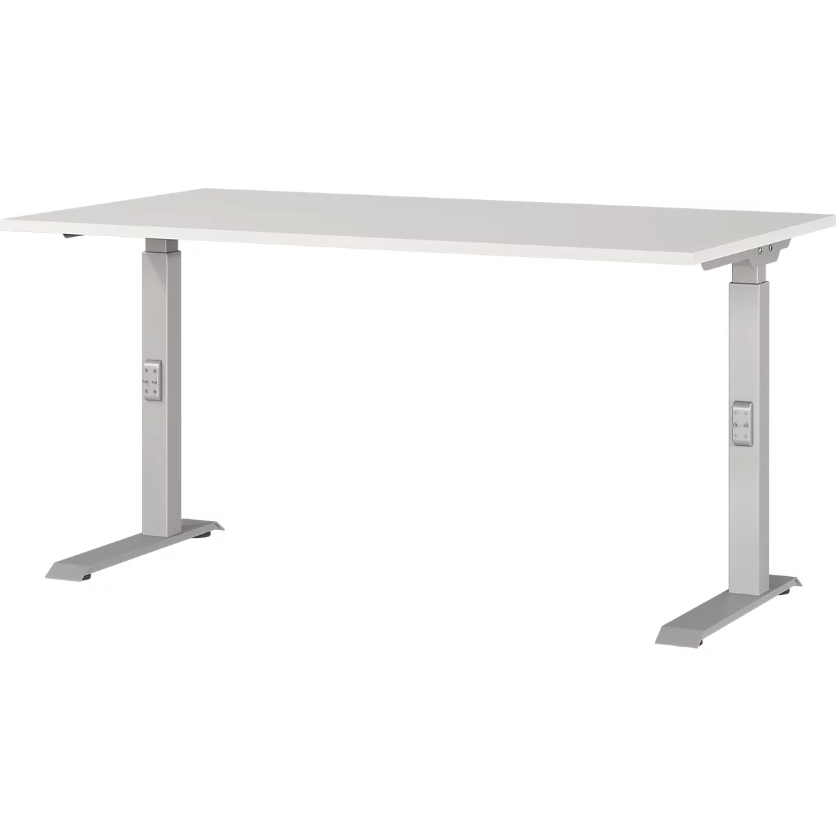 Een witte, in hoogte verstelbare bureau tegen een witte achtergrond. De poten van het bureau zijn grijs en hebben bediening.