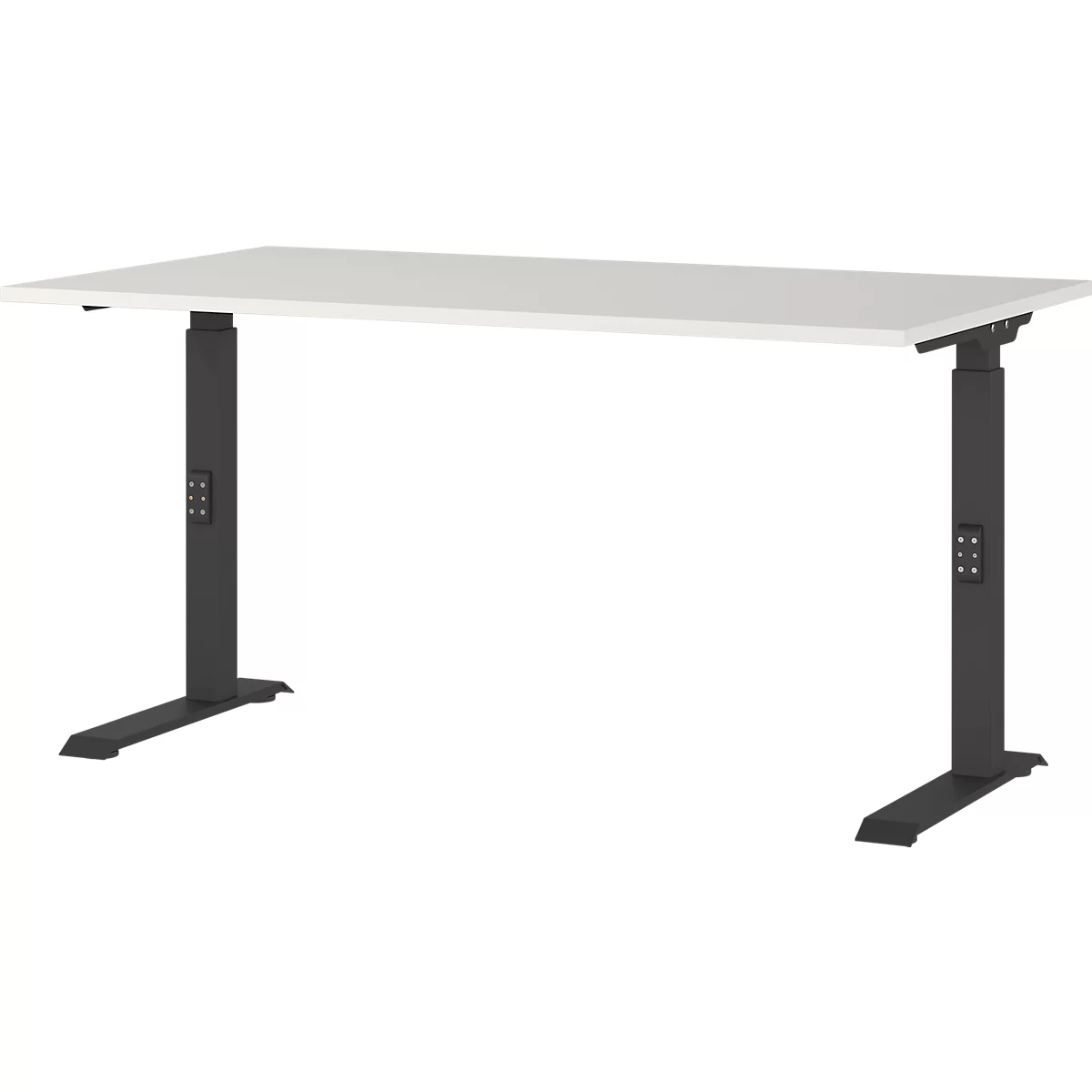 Bureau met een wit tafelblad en zwart, in hoogte verstelbaar frame.