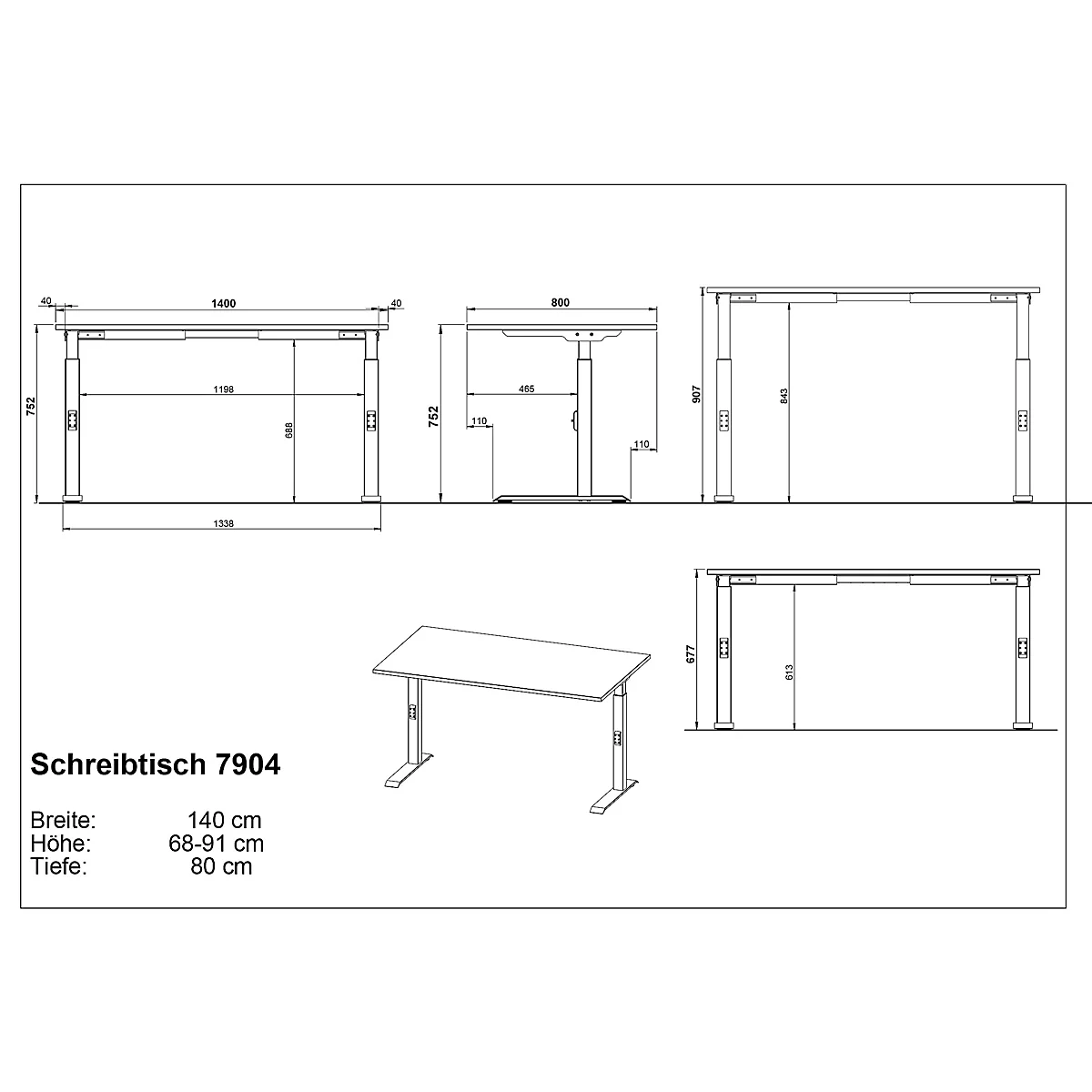 Schetsen van een in hoogte verstelbaar bureau met afmetingen. Een bureau is in detail afgebeeld.