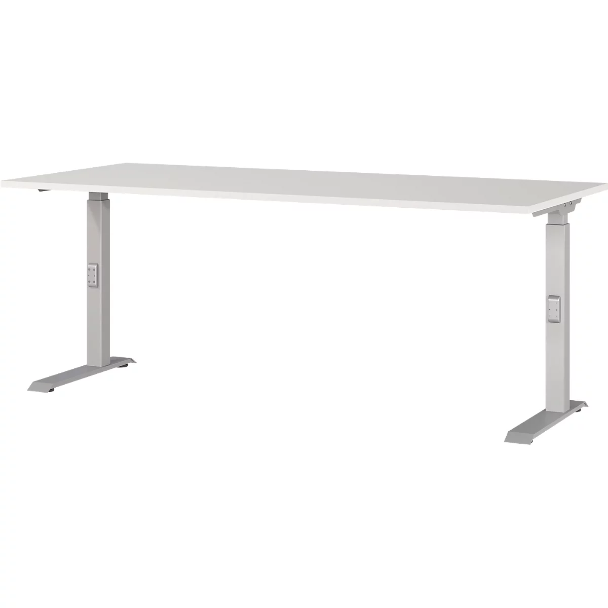 Een in hoogte verstelbaar wit bureau met grijze poten, op een witte achtergrond.