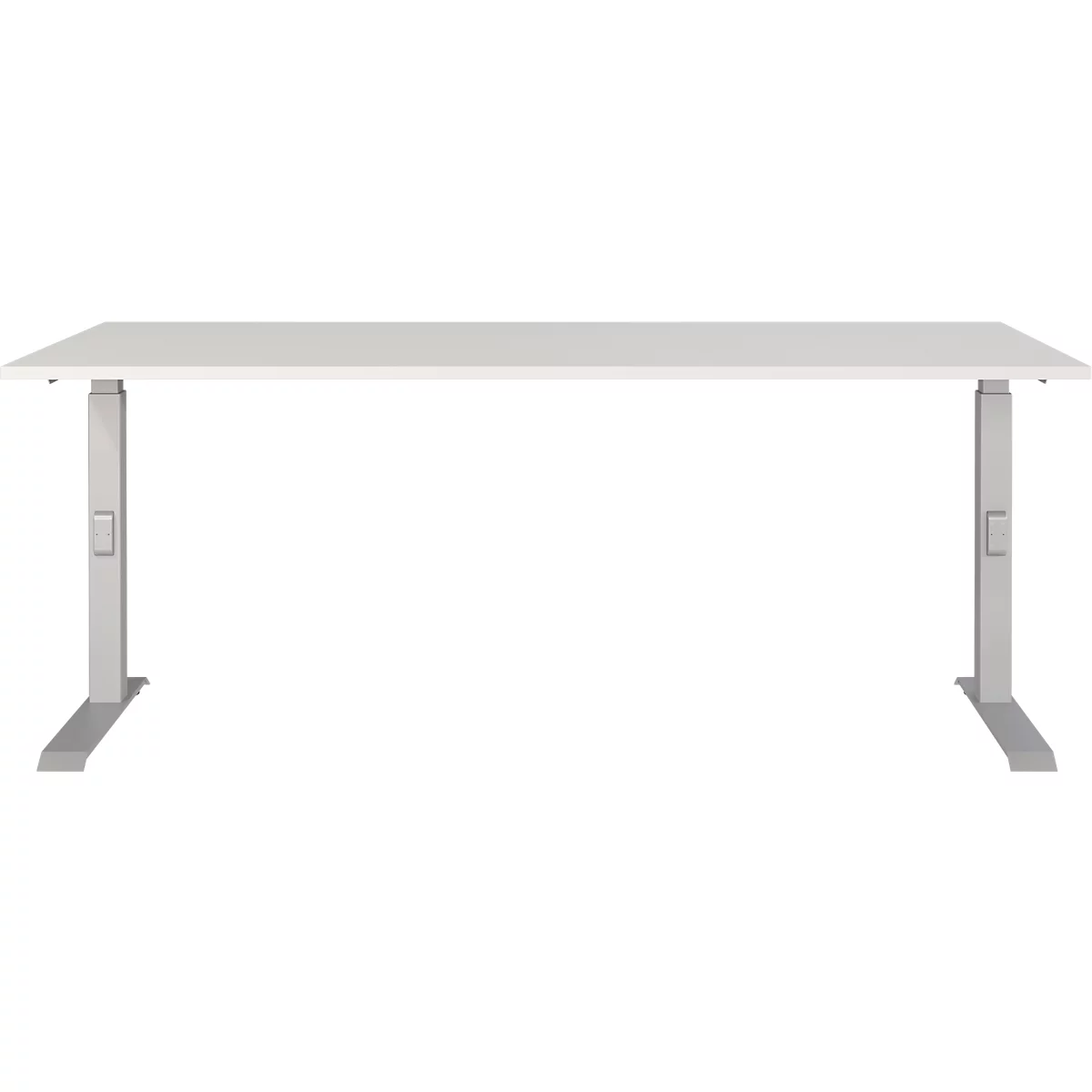 Witte, in hoogte verstelbare bureau tegen een witte achtergrond. Twee metalen poten ondersteunen het tafelblad.