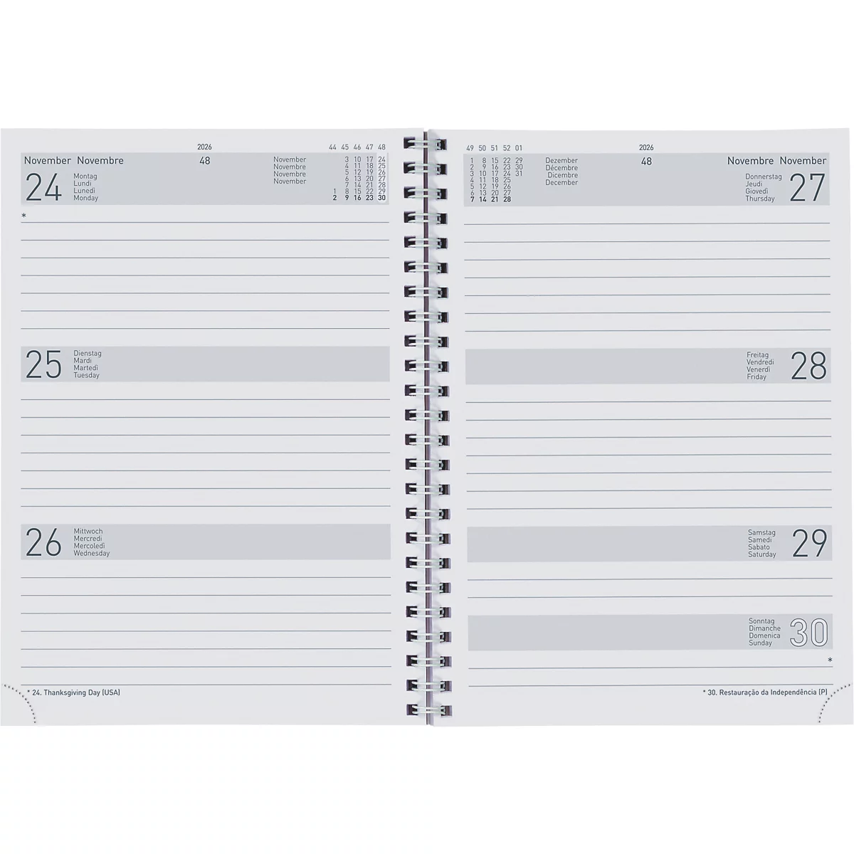 Un cahier ouvert avec une reliure spirale montre des pages avec des lignes et des dates.