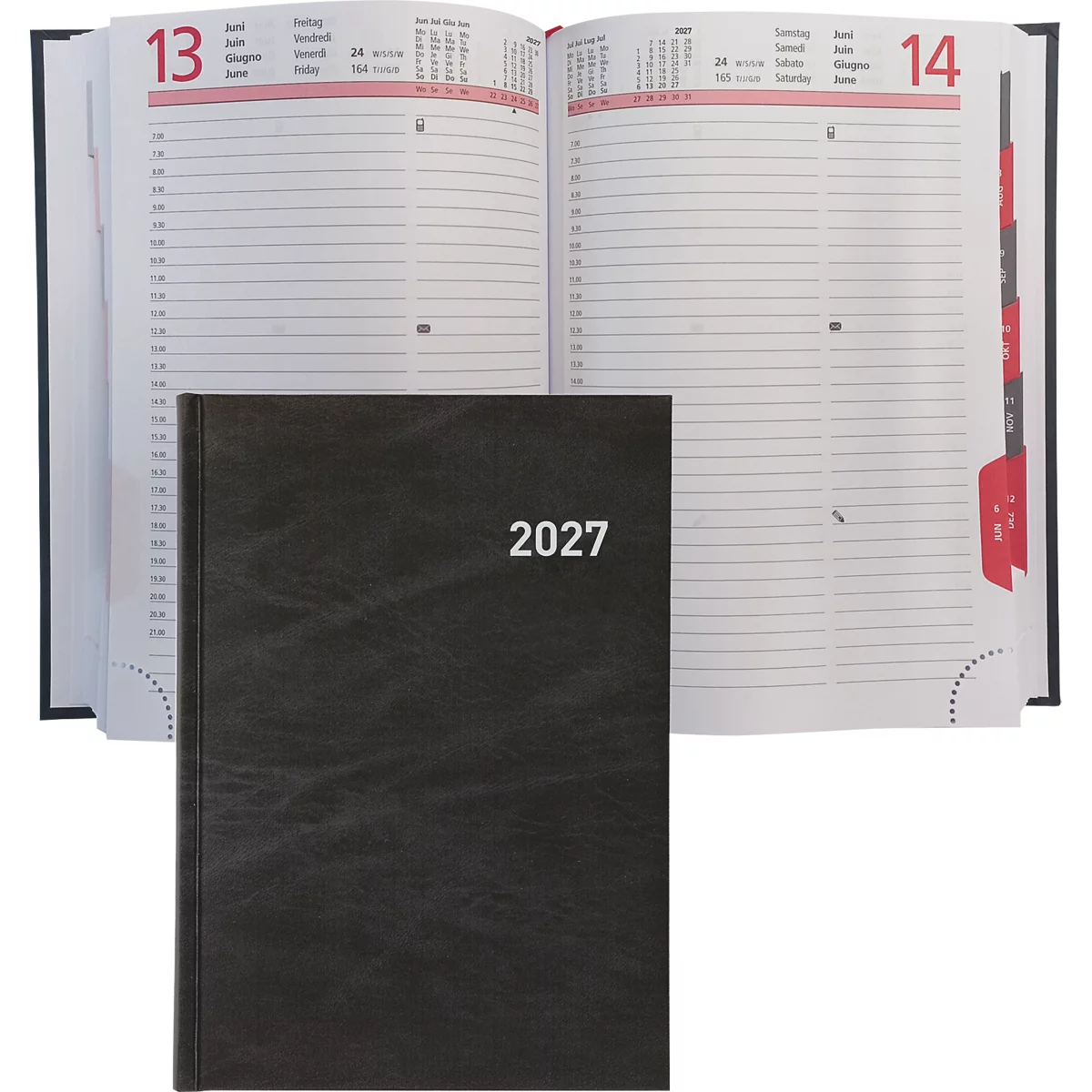 Un carnet noir avec l'année 2027 en relief devant un calendrier ouvert. Le calendrier a des jours marqués en rouge.