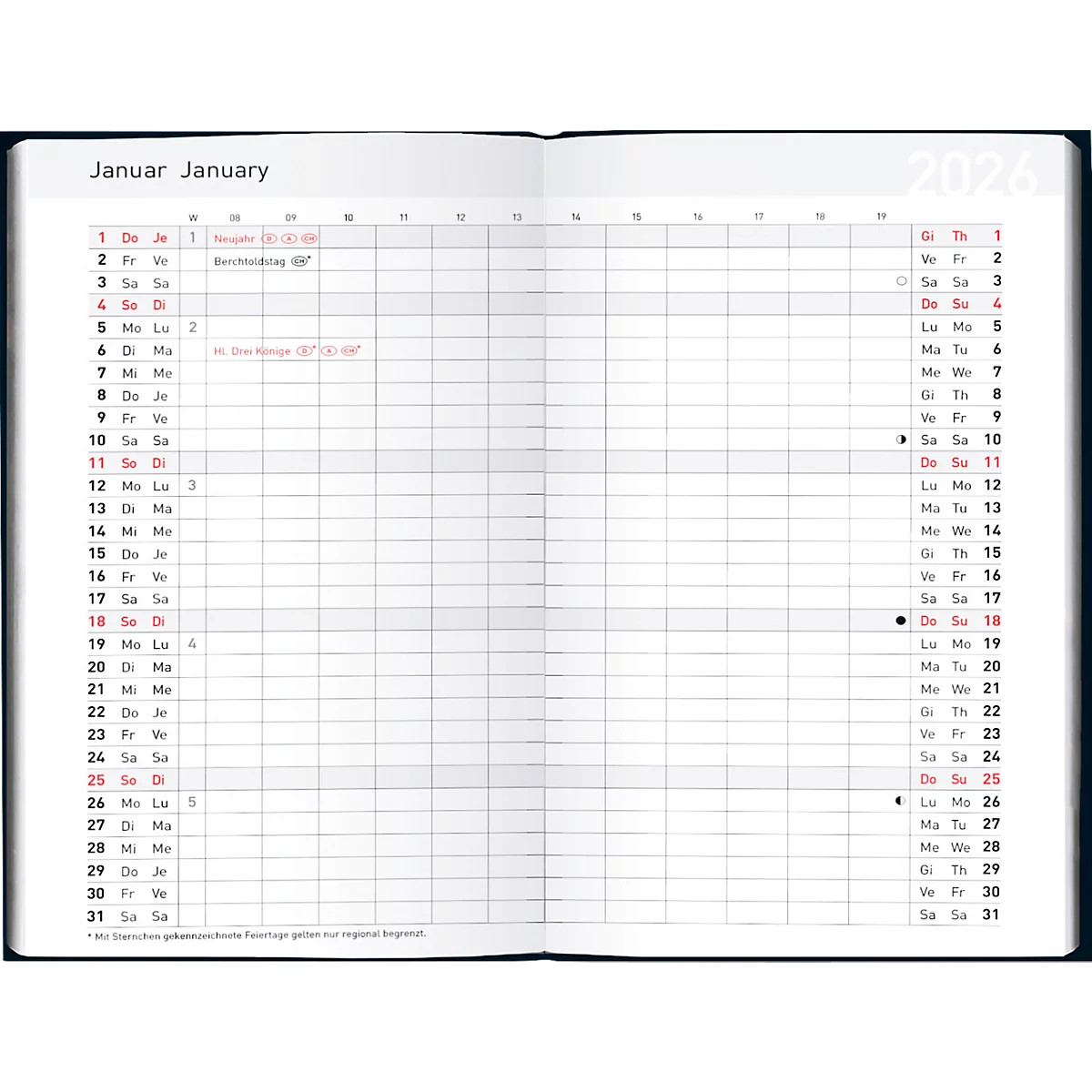Agenda de poche Korsch Pluto Edition Nature 2026, A6, 32 pages, aperçu mensuel, calendrier pour D/GB/F/I, carnet d'adresses interchangeable, carton, noir