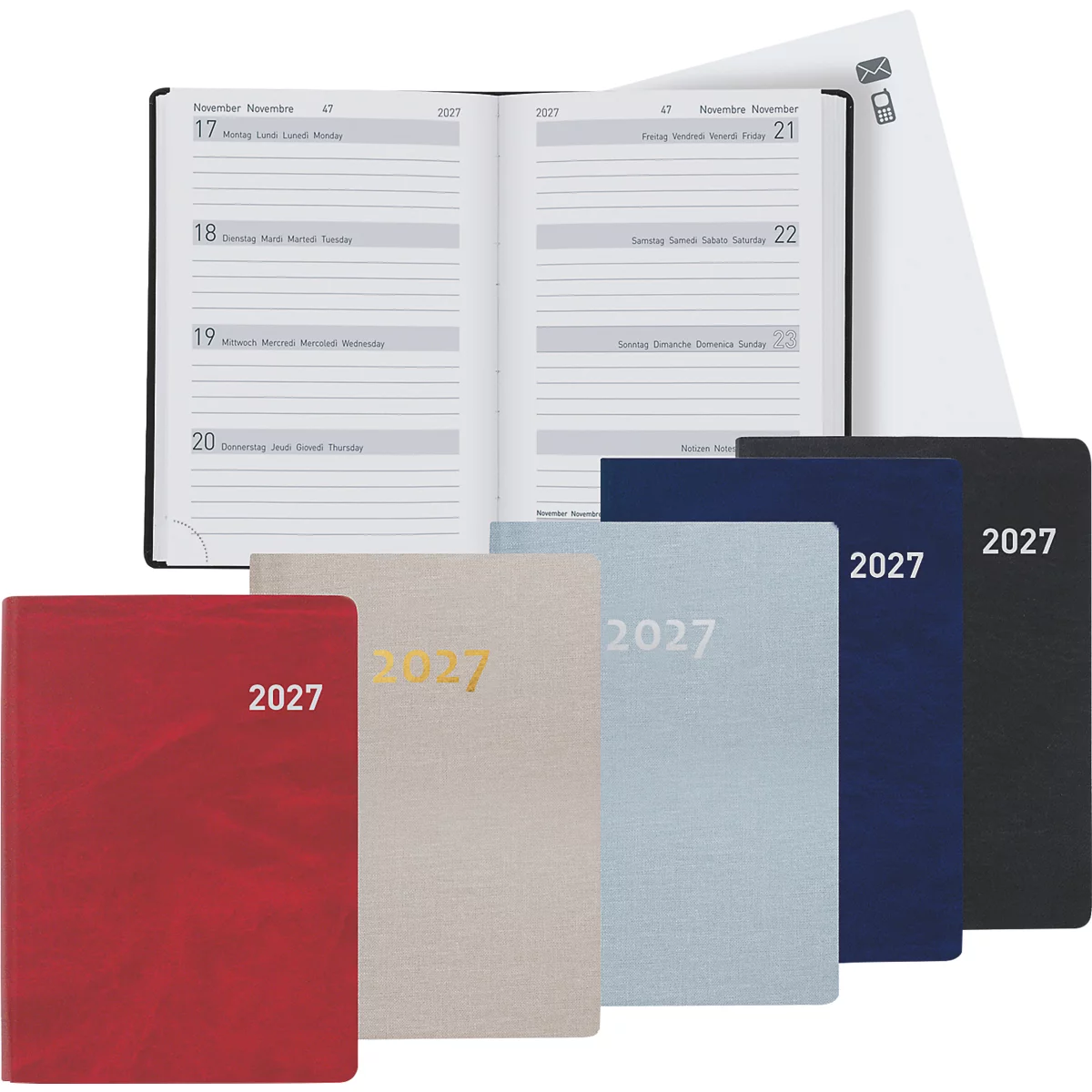 Carnets ouverts, à côté de plusieurs livres fermés de différentes couleurs avec l'année 2027.