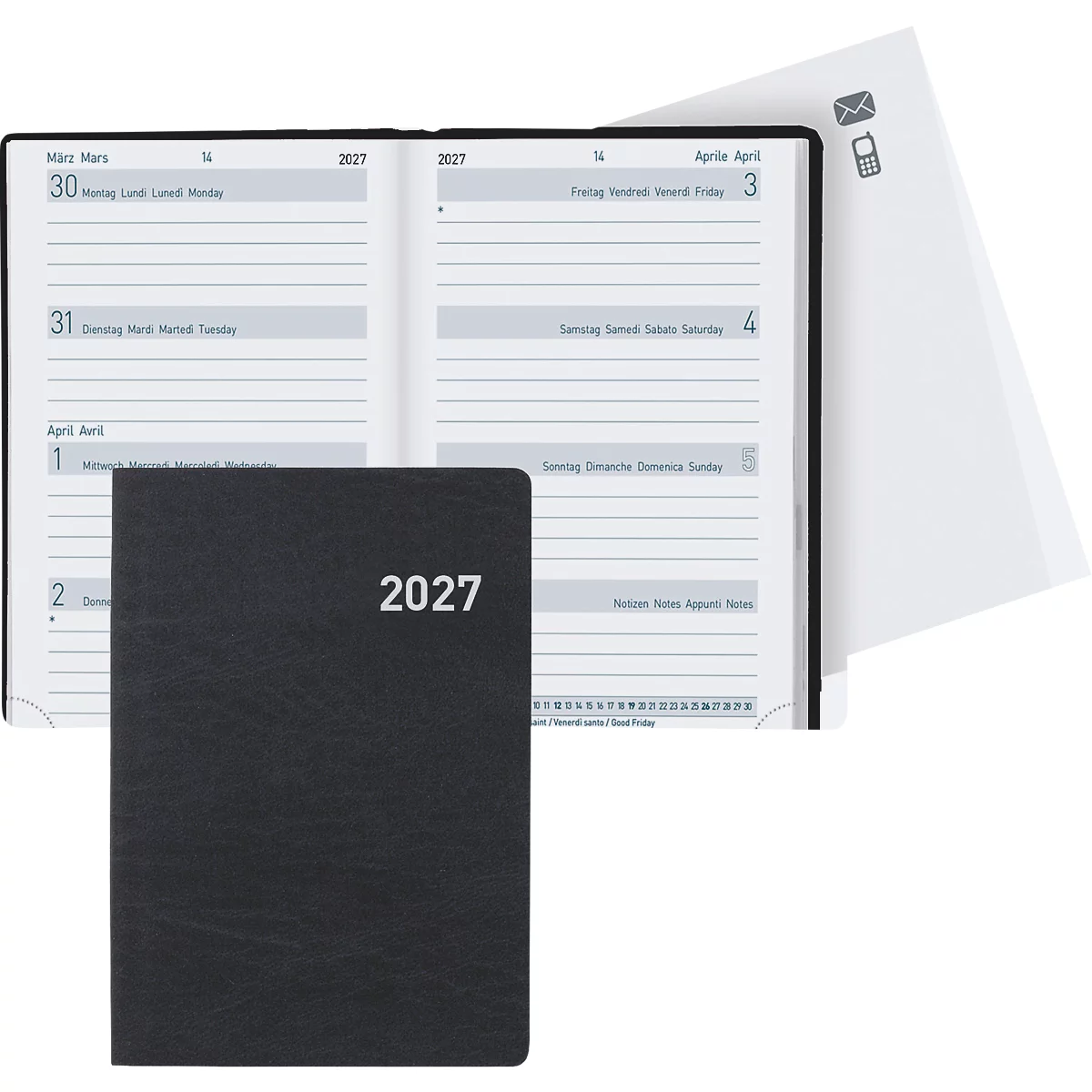 Carnet noir avec l'année 2027, à côté d'un calendrier ouvert, avec des dates et des notes. Une note blanche avec des symboles est à droite.