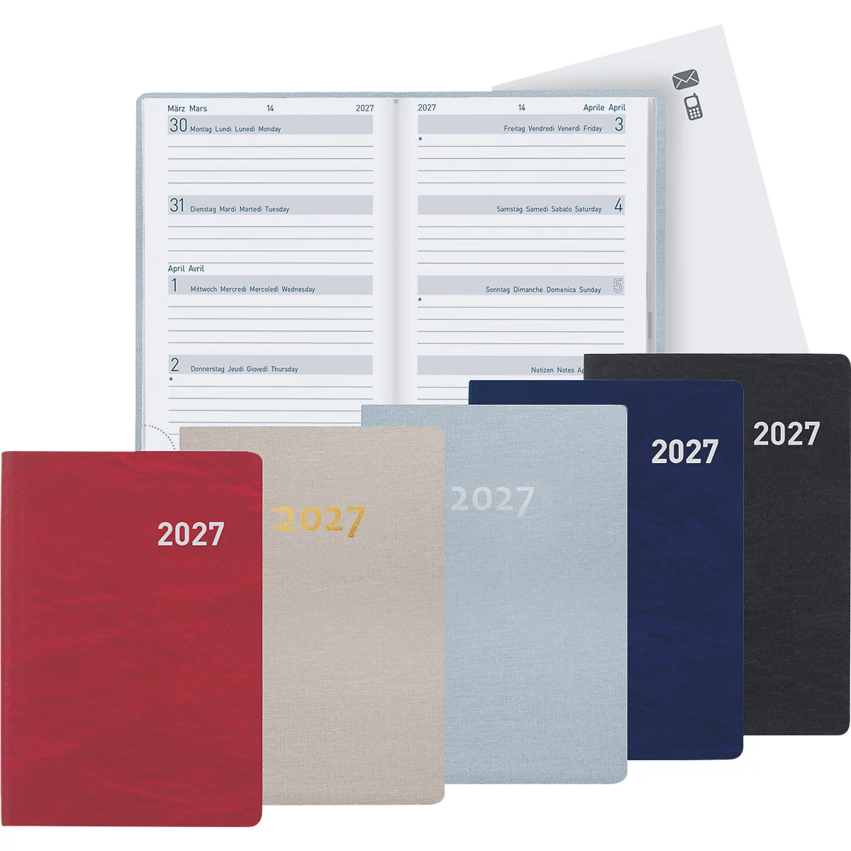 Plusieurs carnets 2027 de différentes couleurs et calendrier ouvert. Inscriptions sur les couvertures : 2027.