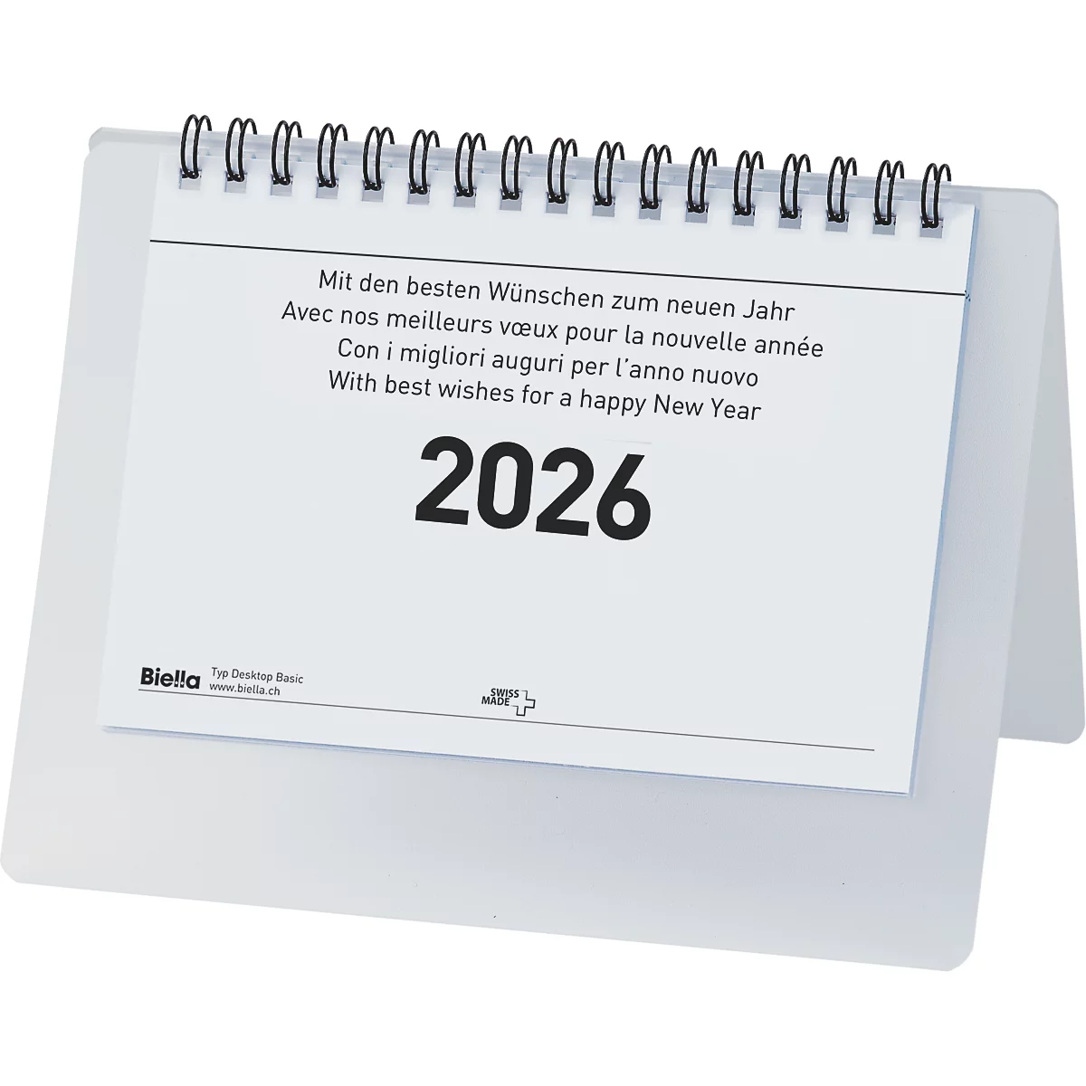 Un calendrier de bureau affichant l'année 2026 avec des vœux de bonne année en différentes langues.