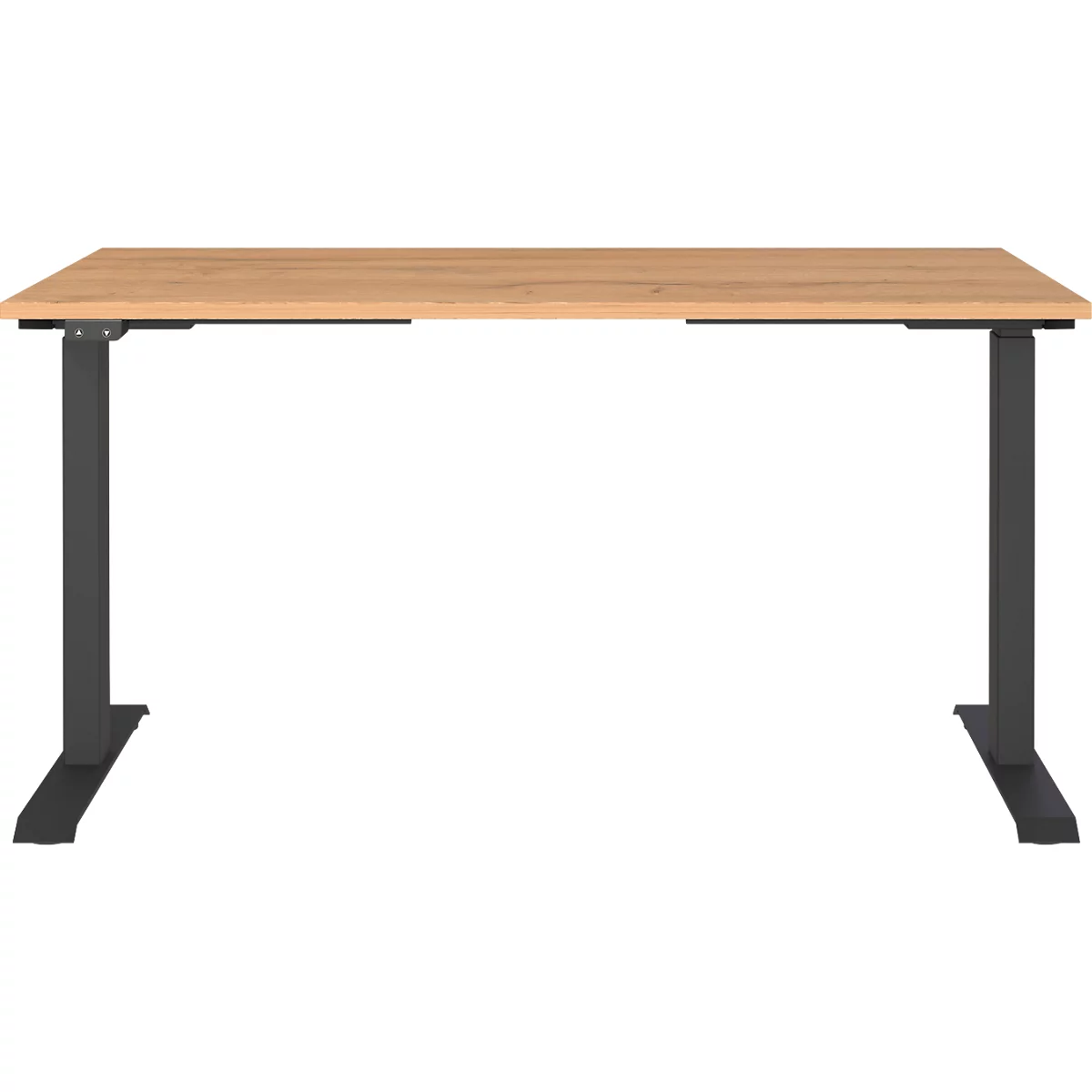 Een in hoogte verstelbaar bureau met een houten blad en zwarte poten. Het tafelblad heeft een lichte houtnerf.