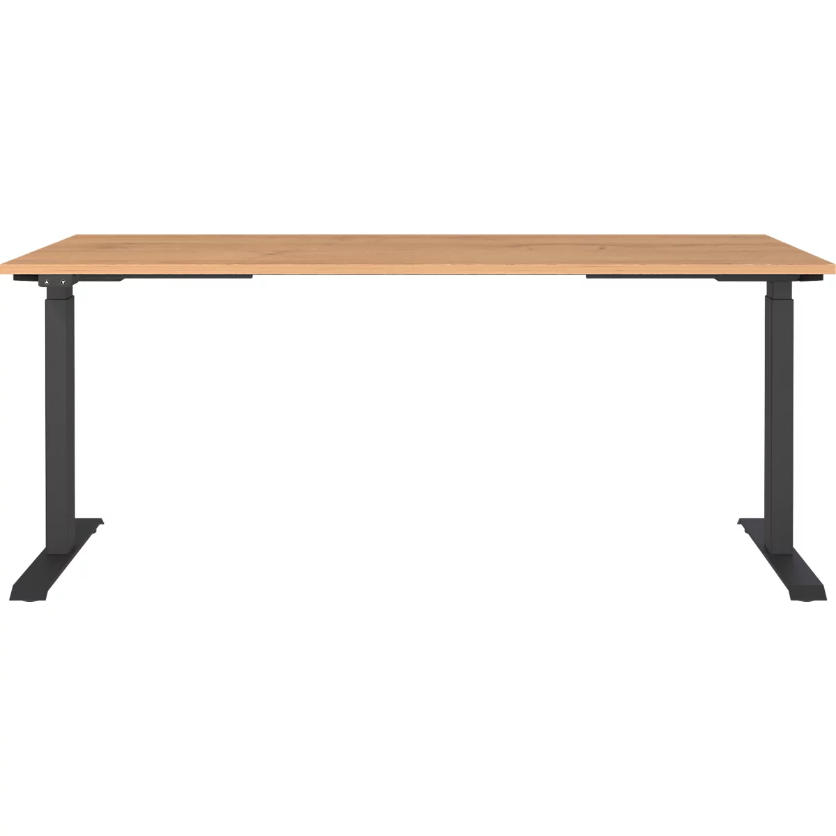 Lichtbruine bureau met zwarte poten. De tafel is continu in het midden, de poten staan 