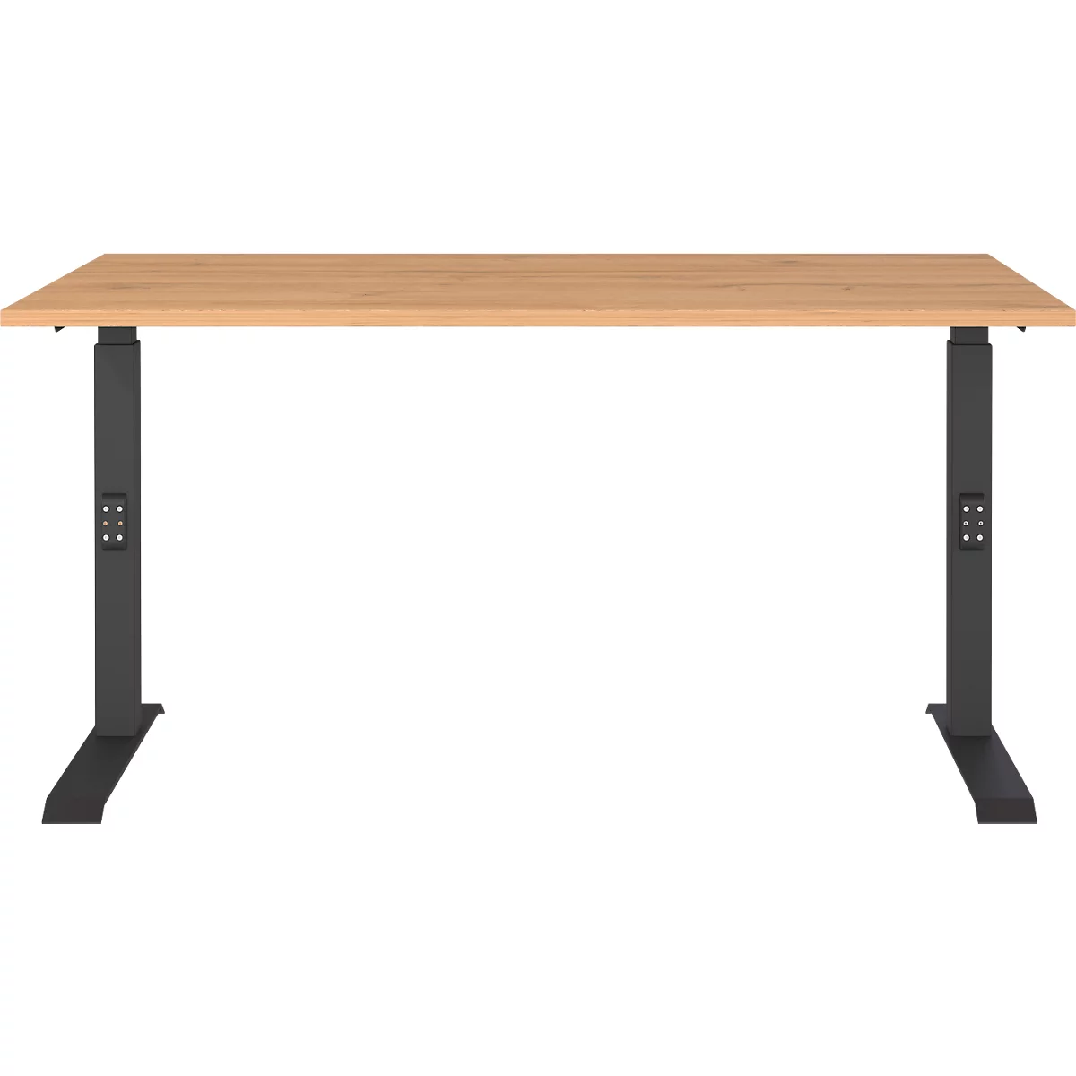 Lichtbruine rechthoekige bureau met zwart frame. De tafel is in hoogte verstelbaar.