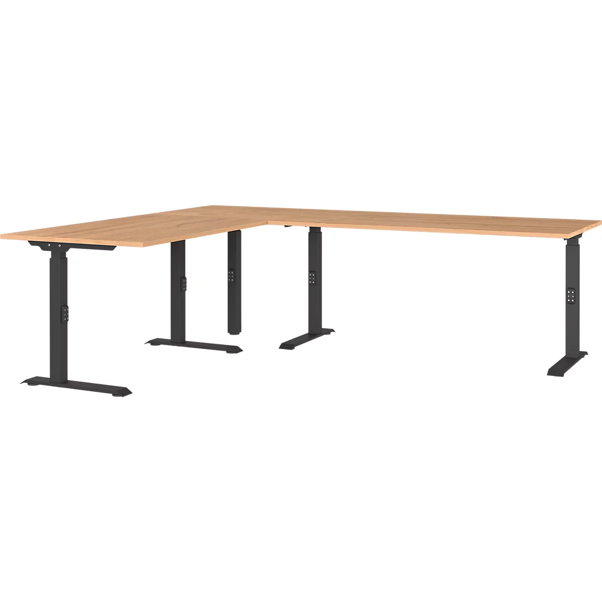 Een L-vormig, in hoogte verstelbaar bureau met een licht houten blad en zwarte poten.