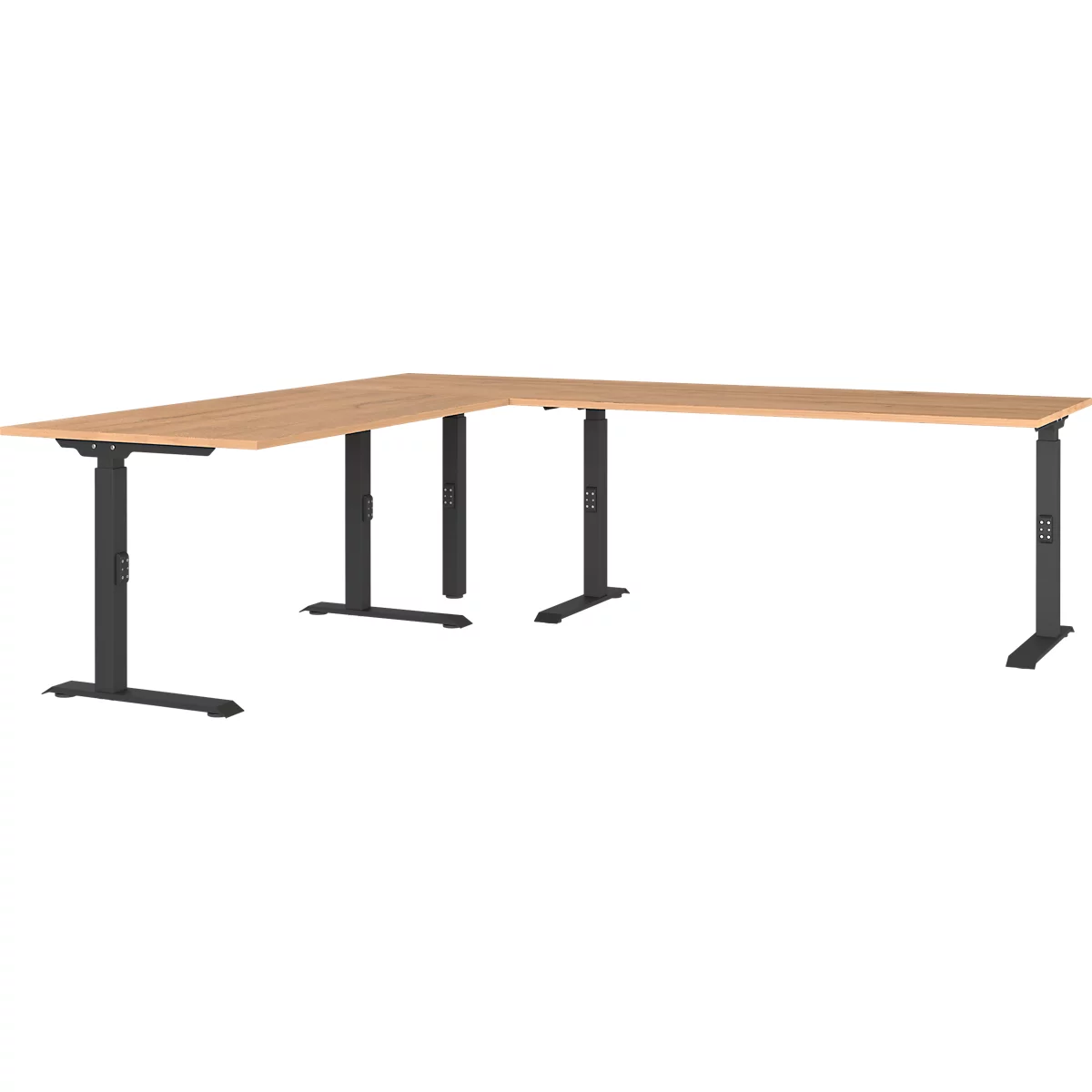 Agenda Home hoekbureau, mechanisch in hoogte verstelbaar, B 2400 x D 2200 x H 680-910 mm, Eiken kleinzoon/zwart