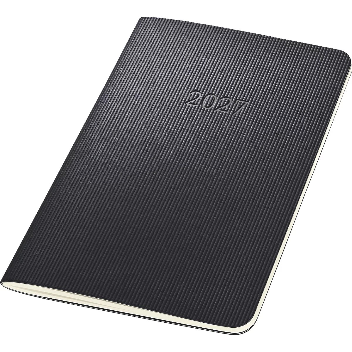 Agenda noir avec une texture nervurée et l'année 2027 au centre.