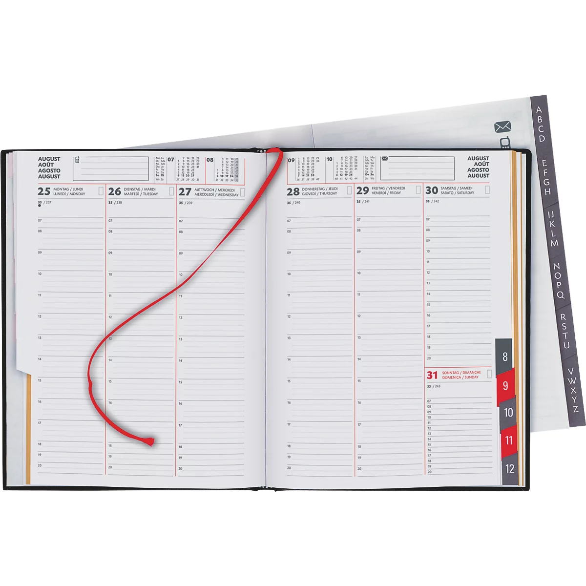 Carnet noir ouvert avec marque-page rouge. Ouvert sur une double page avec dates et lignes de temps, ainsi que des onglets.