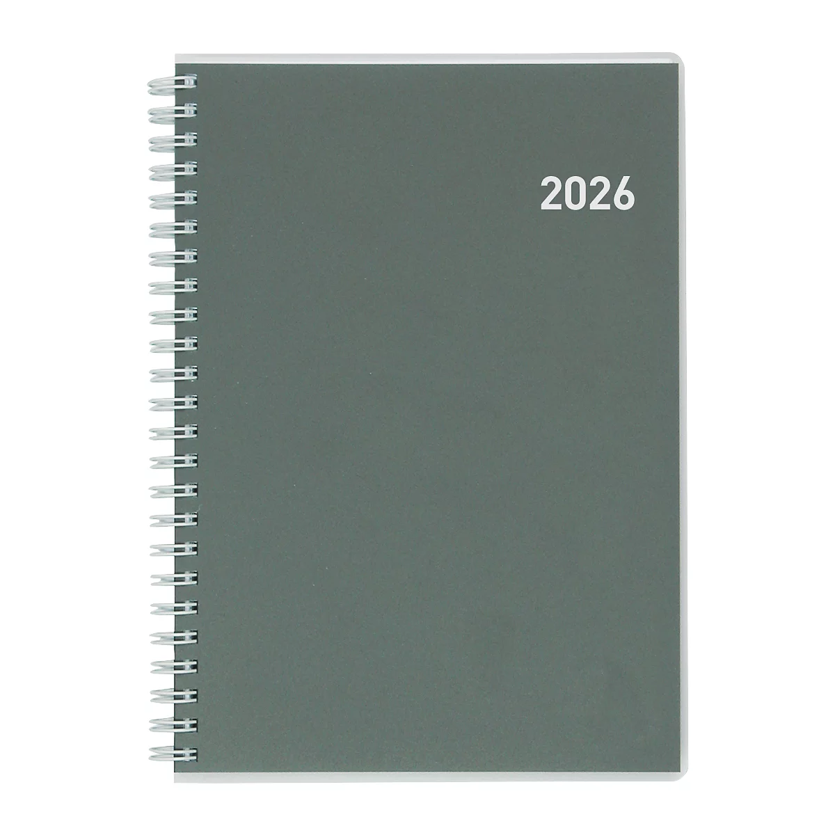 Bloc-notes à spirale gris avec bordure blanche. Sur le côté droit, l'inscription "2026" en blanc. La spirale est argentée.