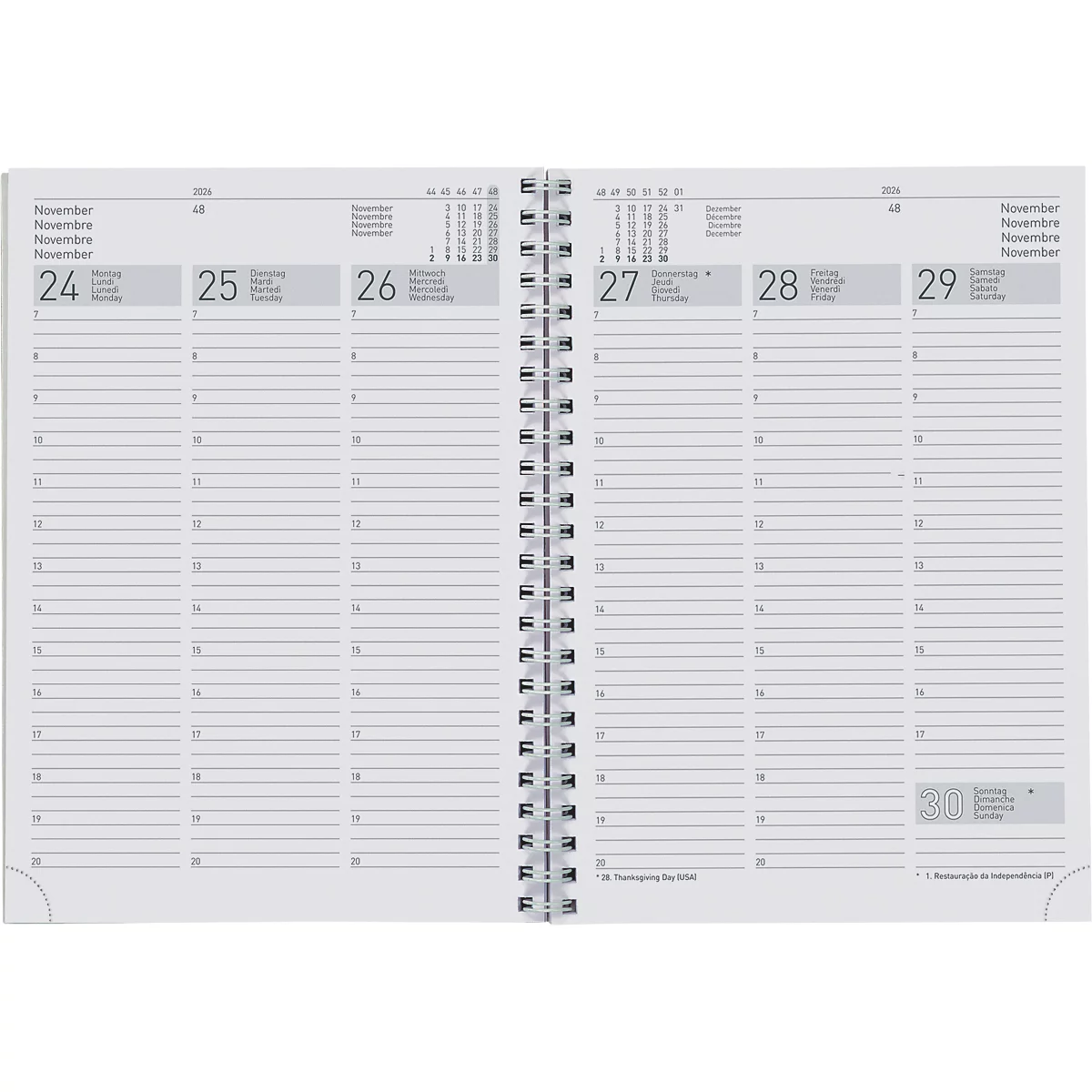 Carnet ouvert avec reliure à spirale. La page de gauche montre les jours 24-26, la droite 27-29. Chaque page comporte de nombreuses lignes horizontales pour écrire.