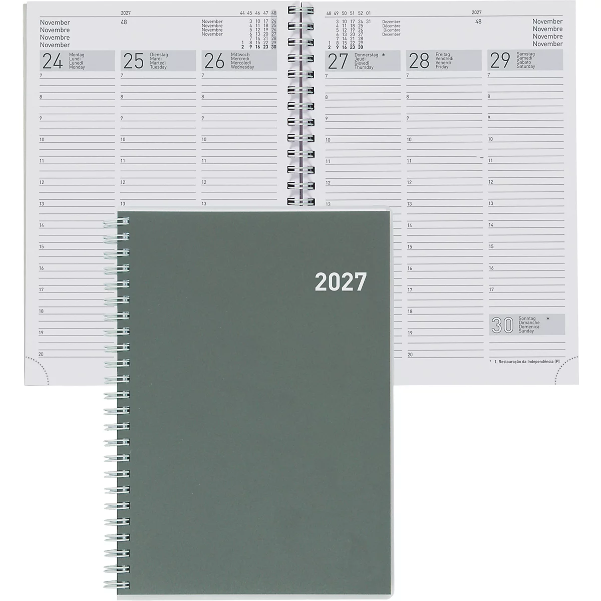 Agenda grise datée de 2027. Le livre ouvert montre l'emploi du temps quotidien. Reliure à spirale, pages de notes.