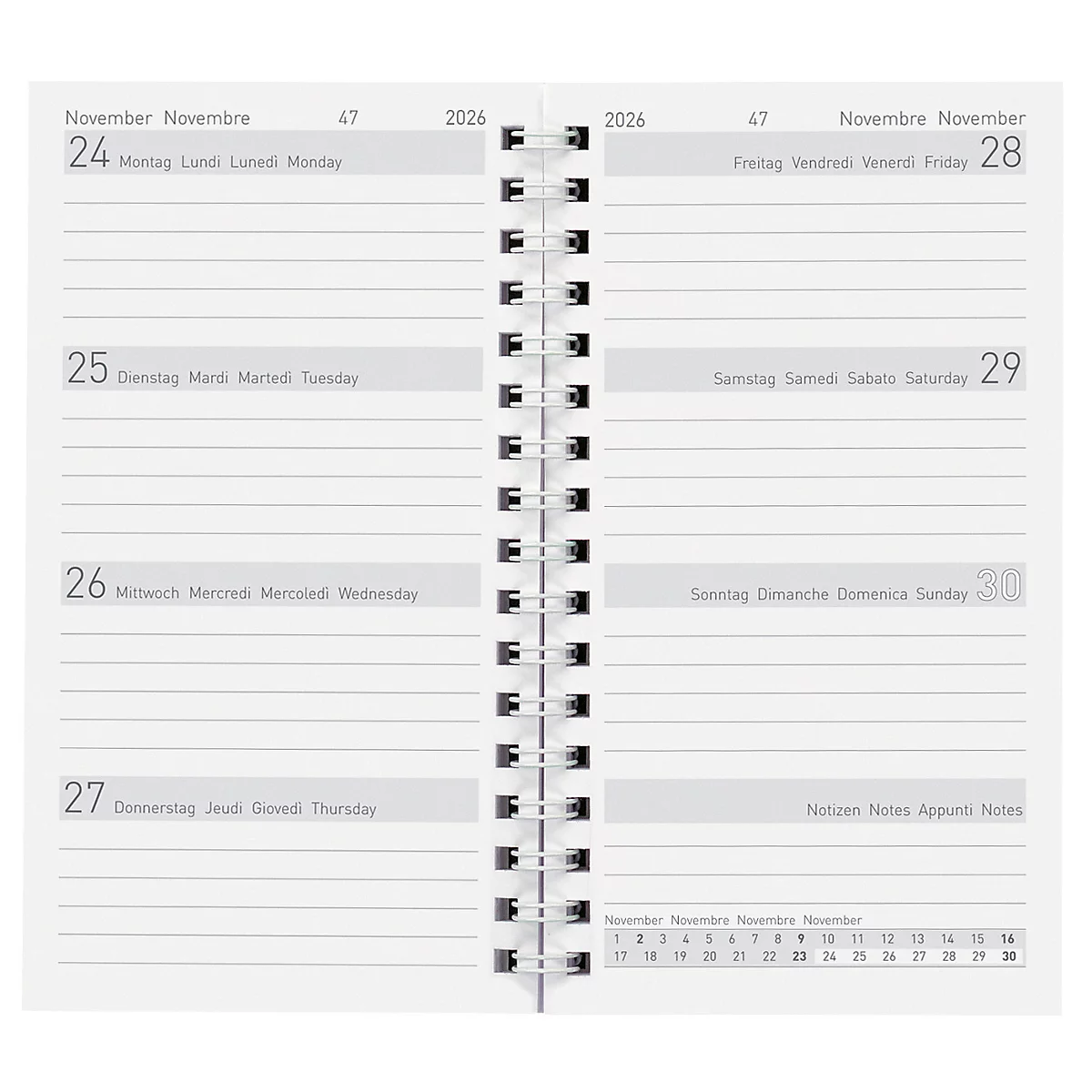 Un agenda à spirale ouvert montrant les jours du 24 au 30 novembre 2026.