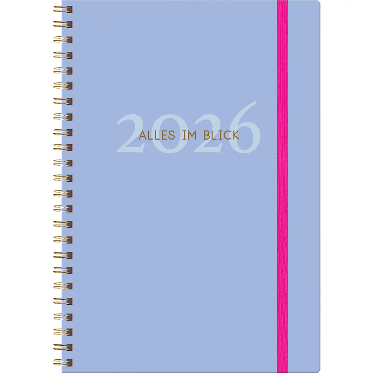Cahier bleu clair avec reliure à spirale et marque-page rose. L'avant indique l'année 2026 et "TOUT EN VUE".