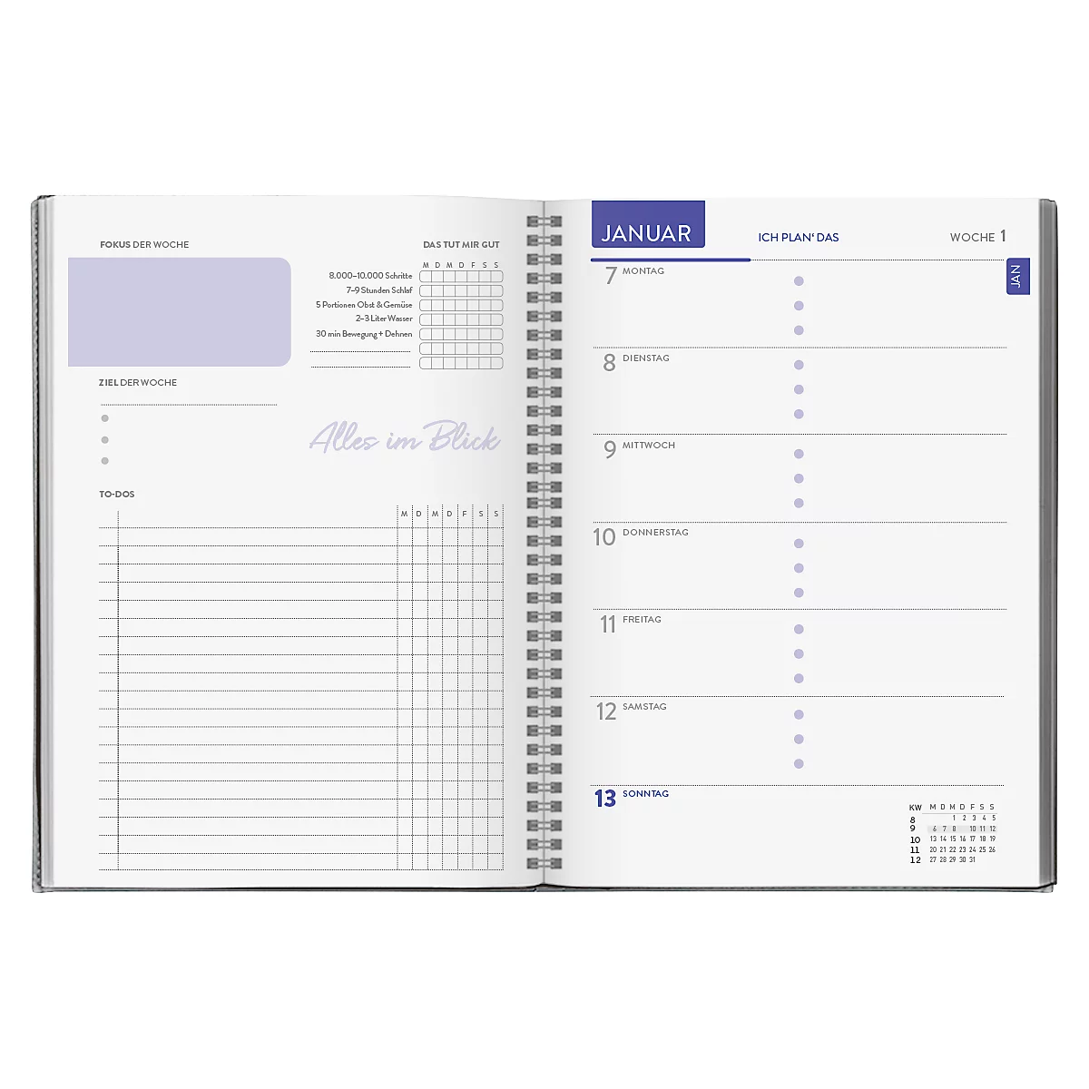 Un carnet ouvert montre un aperçu hebdomadaire pour janvier avec des éléments gris et bleus.