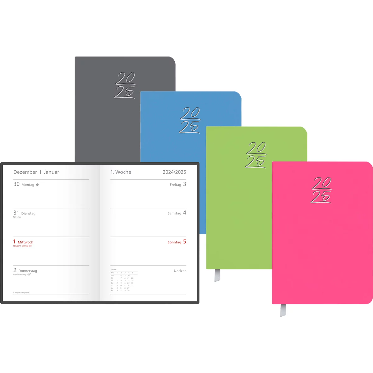 Agenda semainier Korsch Colour 2025, 160 pages, vue d'ensemble de la semaine, couverture souple, L 110 x H 155 mm, vert