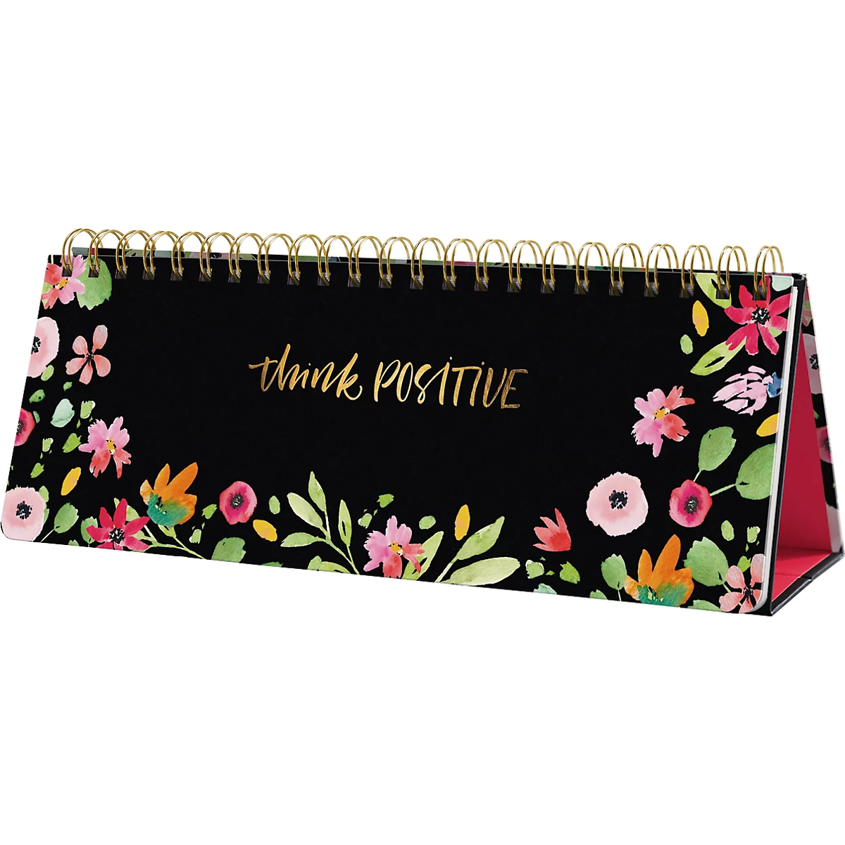 Calendrier de bureau noir avec motif floral et lettrage doré : "think POSITIVE".