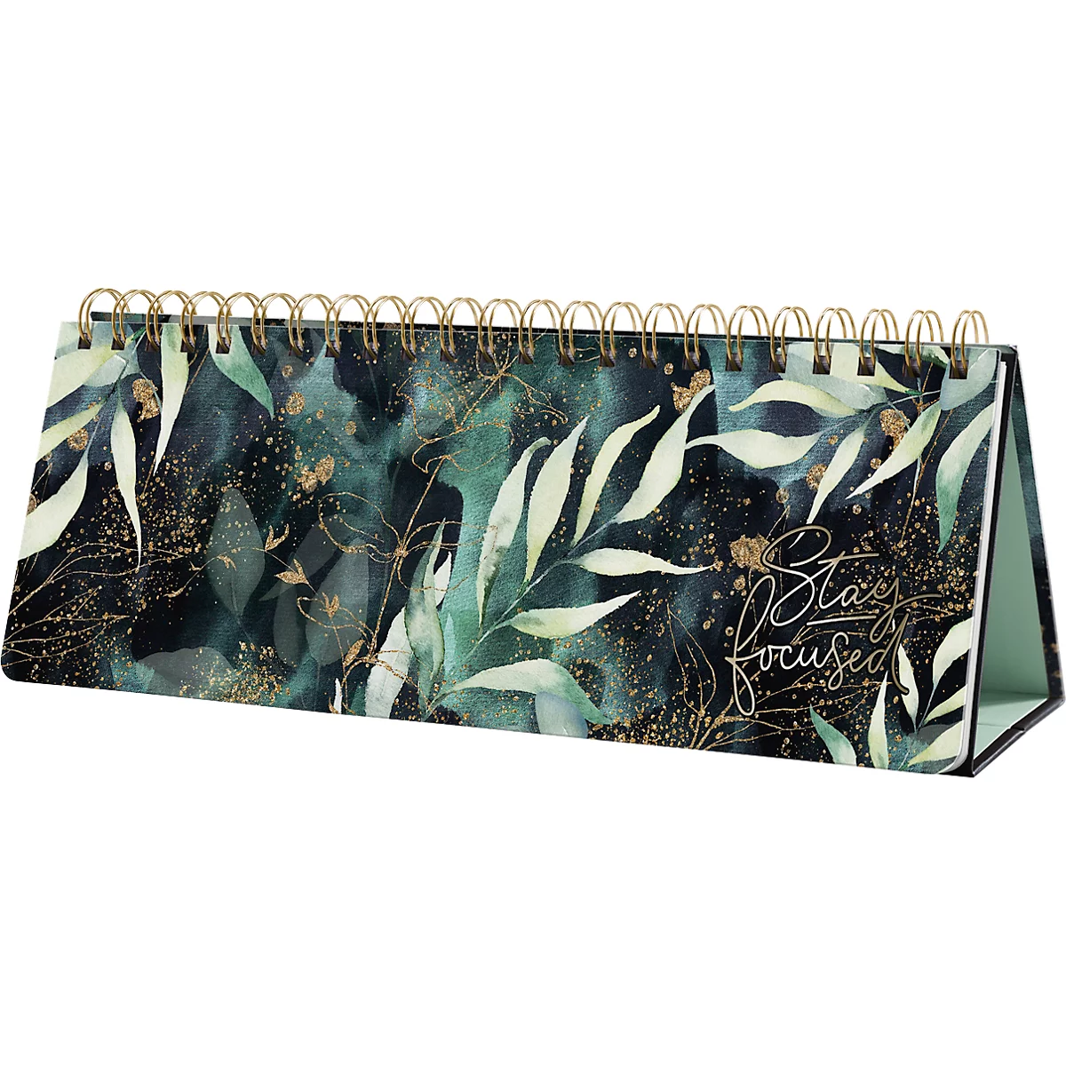 Calendrier de bureau avec un motif floral et la citation 'Stay Focused'.