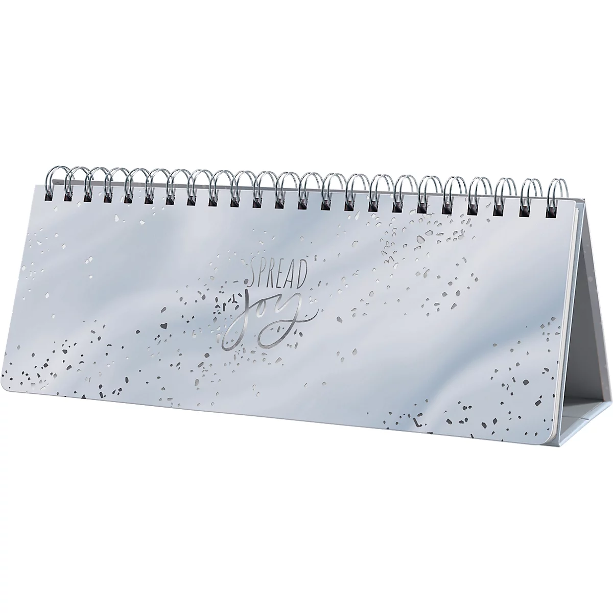 Calendrier de bureau à spirale; fond bleu-gris clair avec l'inscription "SPREAD JOY".