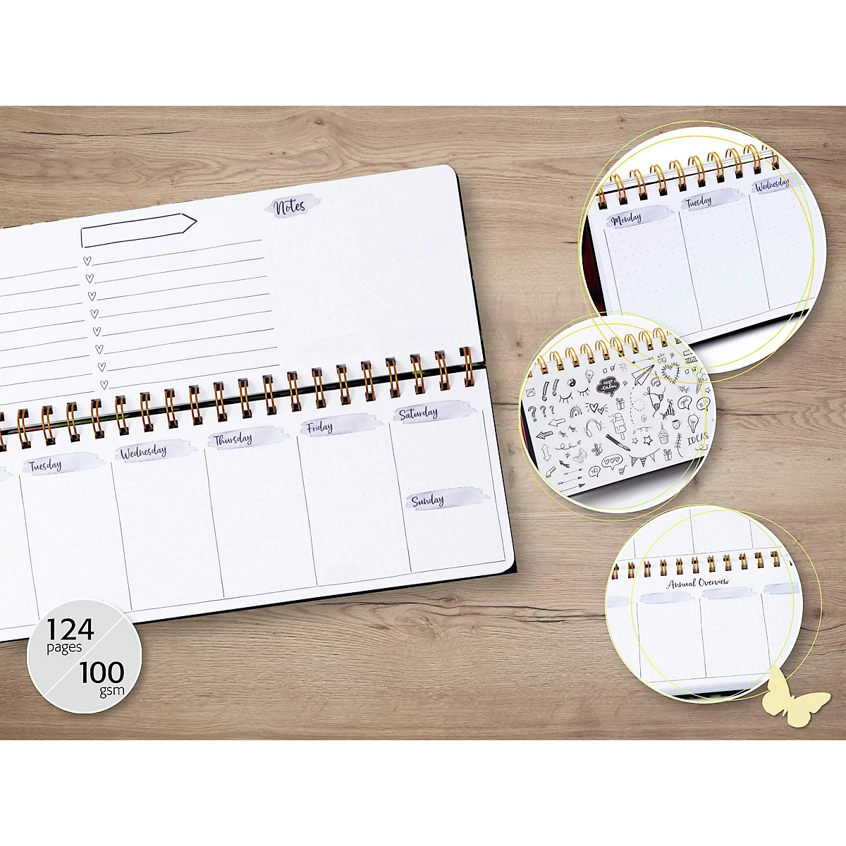 Un cahier ouvert avec aperçu hebdomadaire et détails en découpes rondes. Sur une surface en bois.