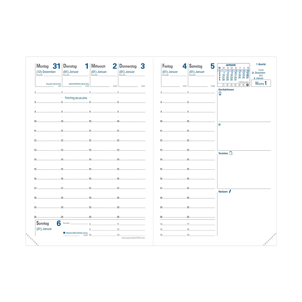 Carnet ouvert avec pages de calendrier. Dates en bleu. Lignes grises pour les notes. Le calendrier est pour la première semaine de janvier.