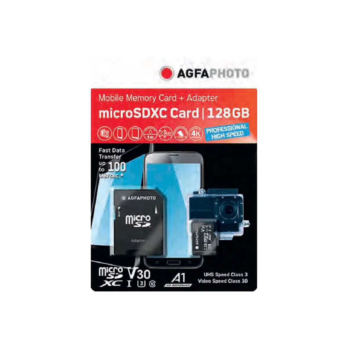 Verkaufsverpackung einer AgfaPhoto 128GB microSDXC-Speicherkarte mit Adapter, Smartphone und Action-Kamera abgebildet.