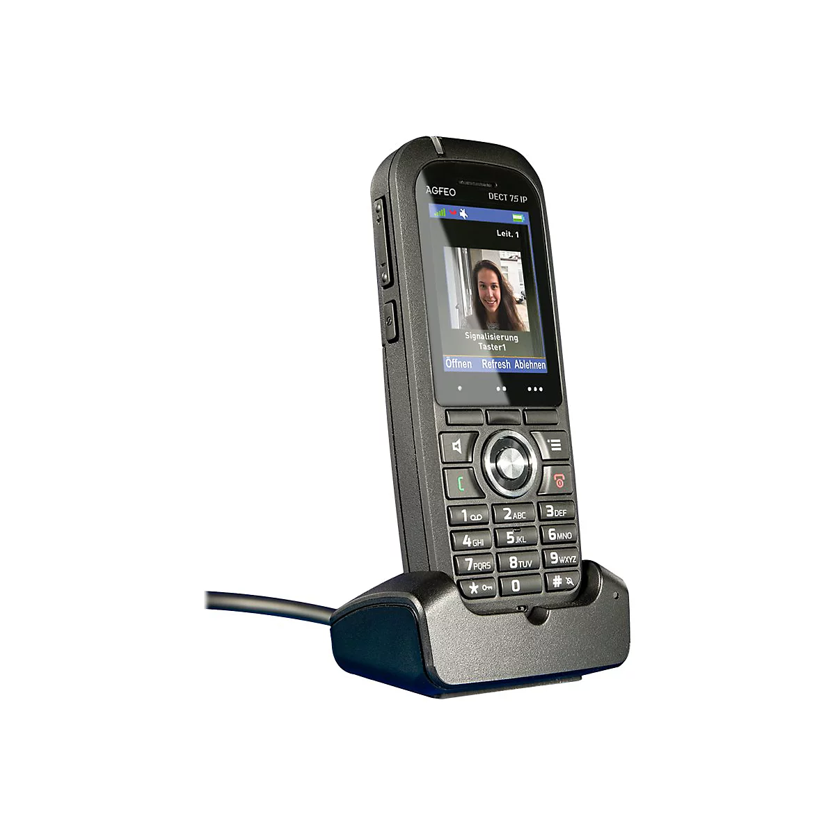 Schwarzes AGFEO DECT 75 IP Schnurlostelefon in der Ladestation mit Displayanzeige eines Anrufers.