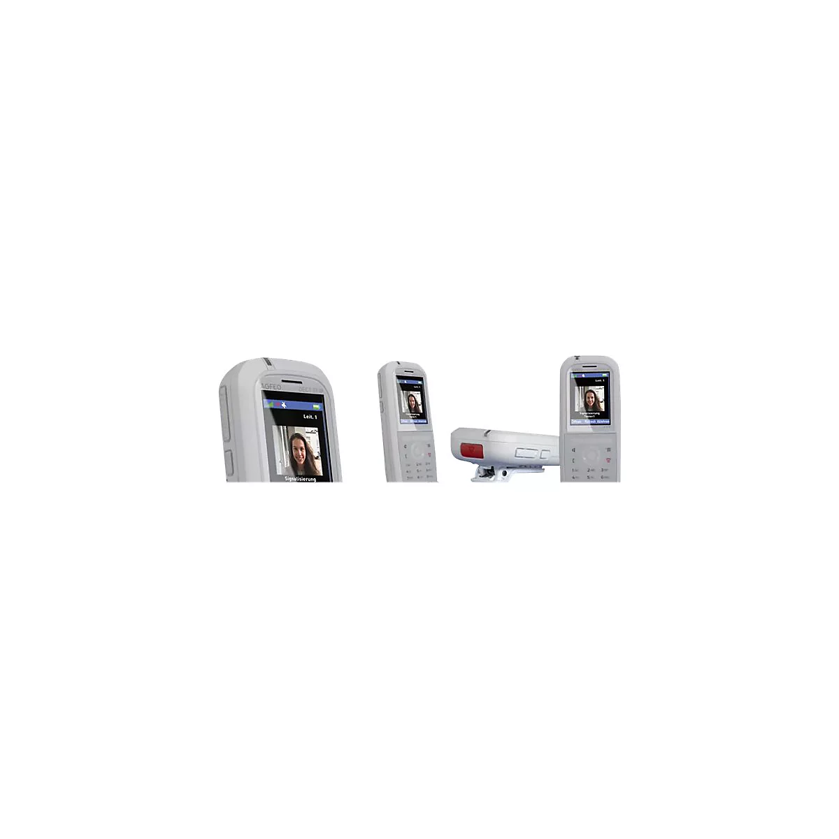 Vier Ansichten eines hellgrauen Agfeo DECT IP-Telefons mit Farbdisplay und Personenfoto.
