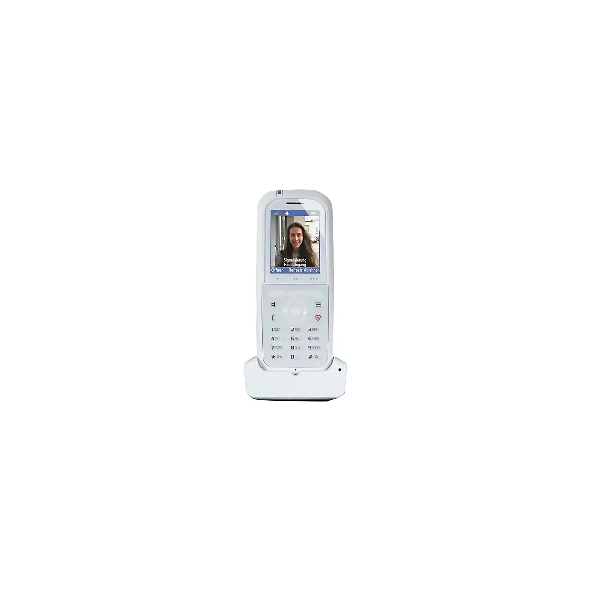 Weißes schnurloses Telefon in einer Ladestation mit Displayanzeige einer Frau vor einem Hauseingang.