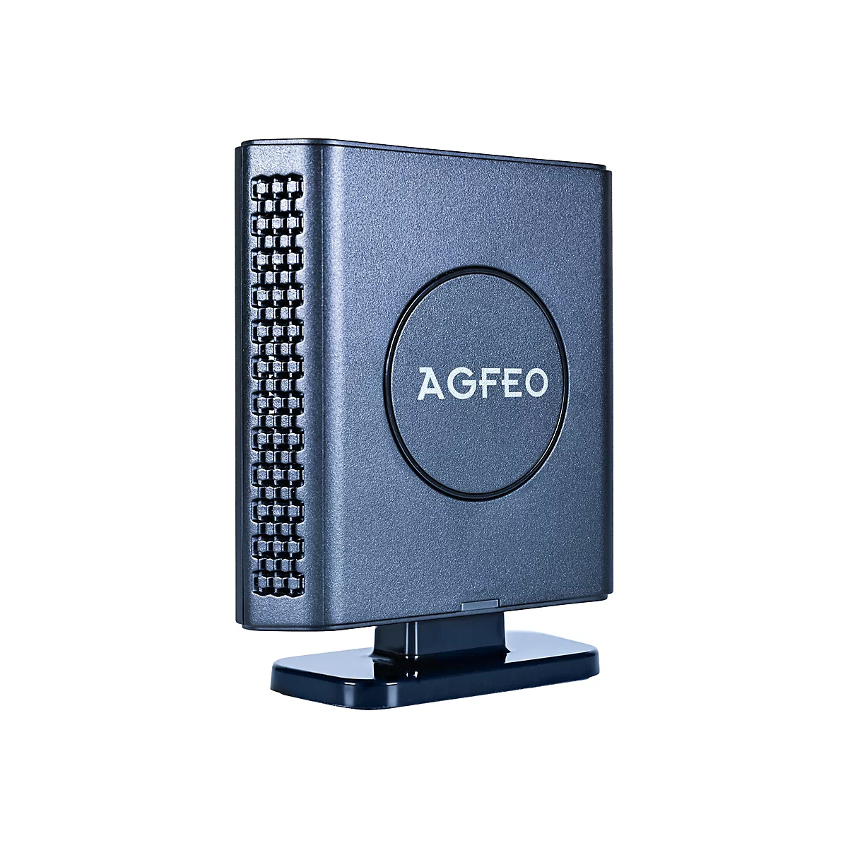 Dunkelgraue AGFEO Telefonanlage auf einem schwarzen Standfuß vor weißem Hintergrund.