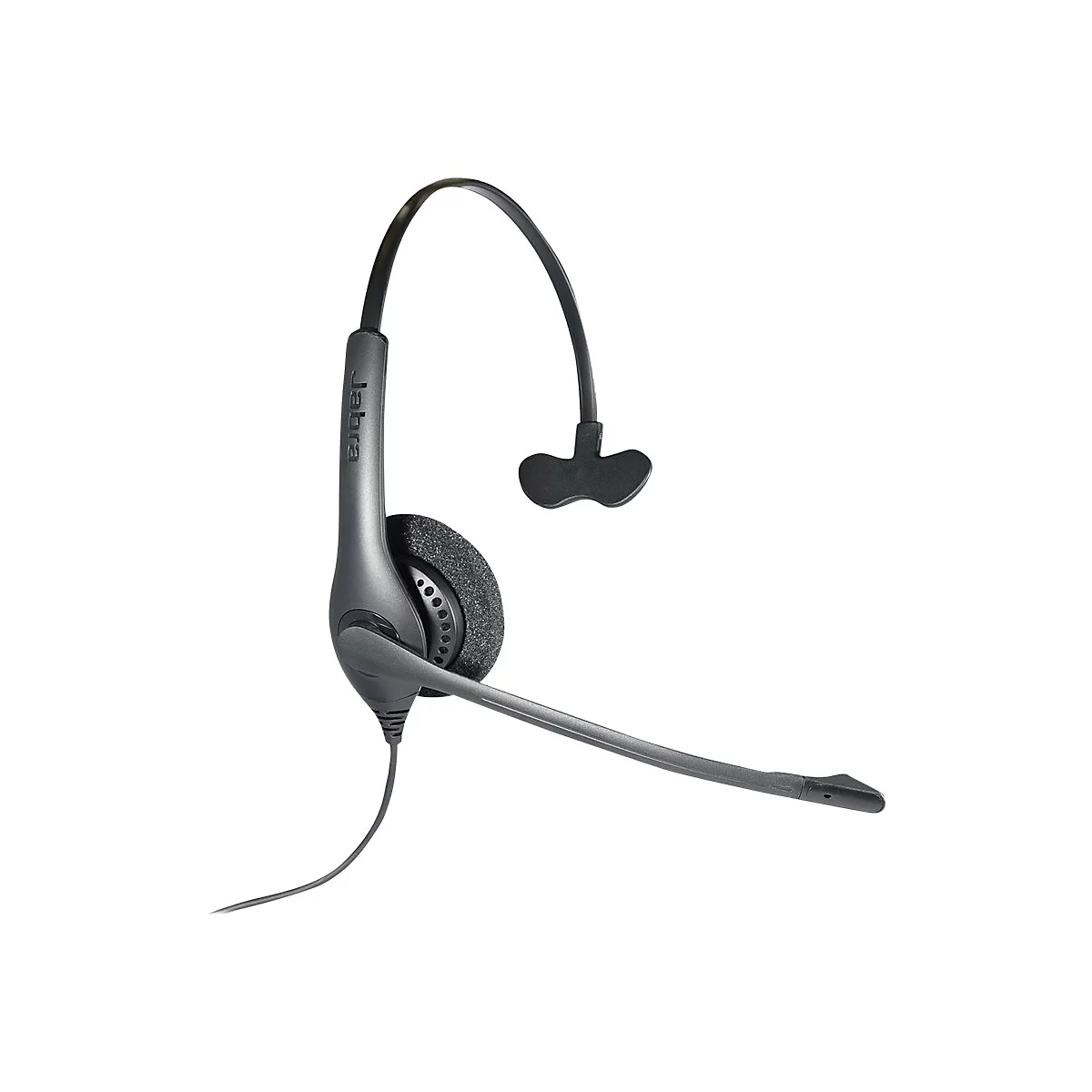 Schwarzes Jabra Headset mit einseitigem Ohrpolster, Kopfbügel und verstellbarem Mikrofonarm vor weißem Hintergrund.